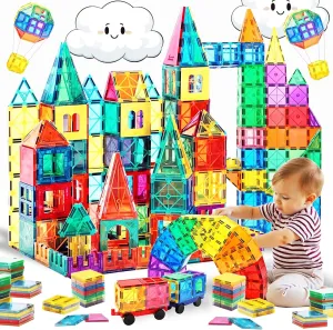 Magnetic Building Tiles for Kids, 100 Pcs Magnetic Building Blocks Set with 2 Cars, Construction Magna Tiles, STEM Sensory Stacking Educational Toys Gifts 3  Girls and Boys