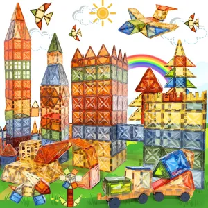 Magnetic Tiles, 120 PCS with 2 Cars Magnetic Blocks Magnet Tiles STEM Toys 3D Kids Preschool Educational Sensory Toys Gift for Toddlers Kids Boys Ages 3 4 5 6 7 8 9  Year Old