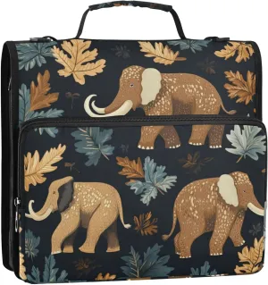 Mammoths Elephants Animals Leaves Zipper Binder Bag, 1.5 inch 3 Ring Binder File Organizer with Handle and Shoulder Strap, Multi-Pocket, 500 Sheet Capacity