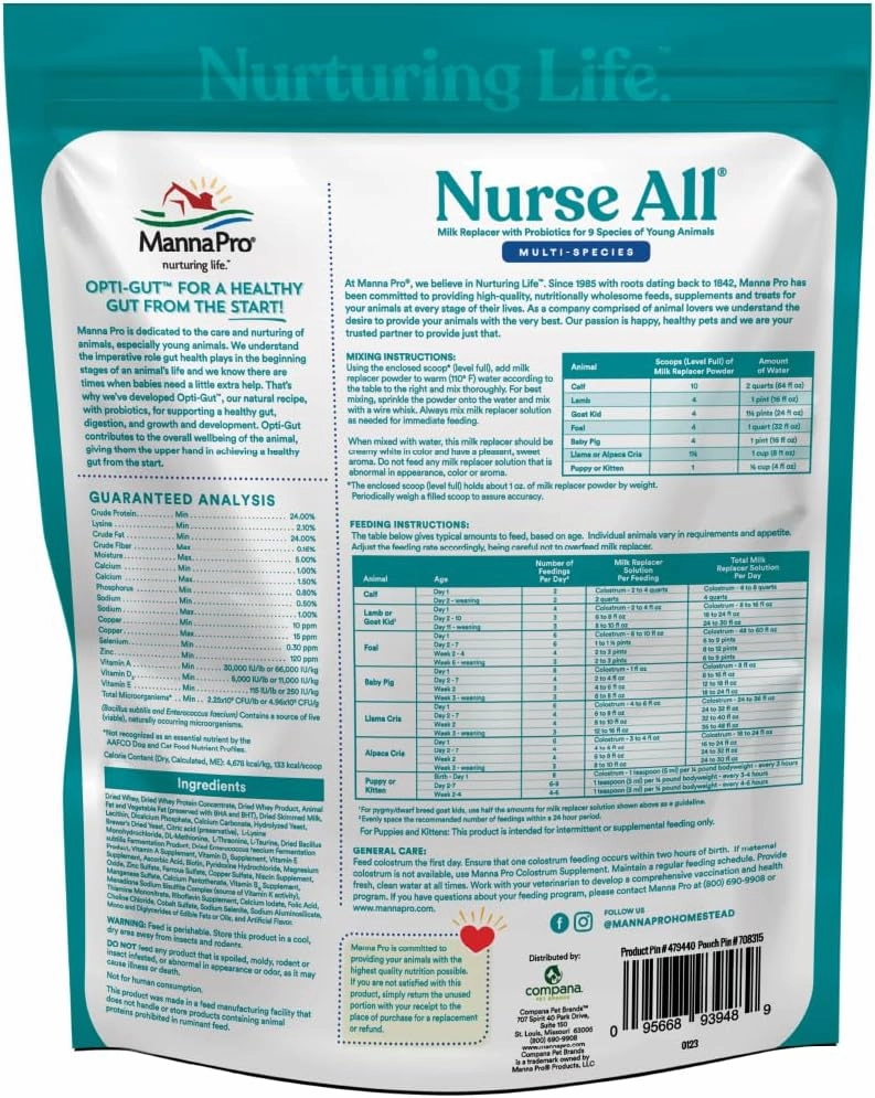 Manna Pro Nurse All Multi-Species Milk Replacer | Great for Calves, Lambs, Goat Kids, Foals, Baby Pigs, Llamas, Alpaca Crias, Puppies & Kittens | Provides Complete Nutrition | 3.5 lb