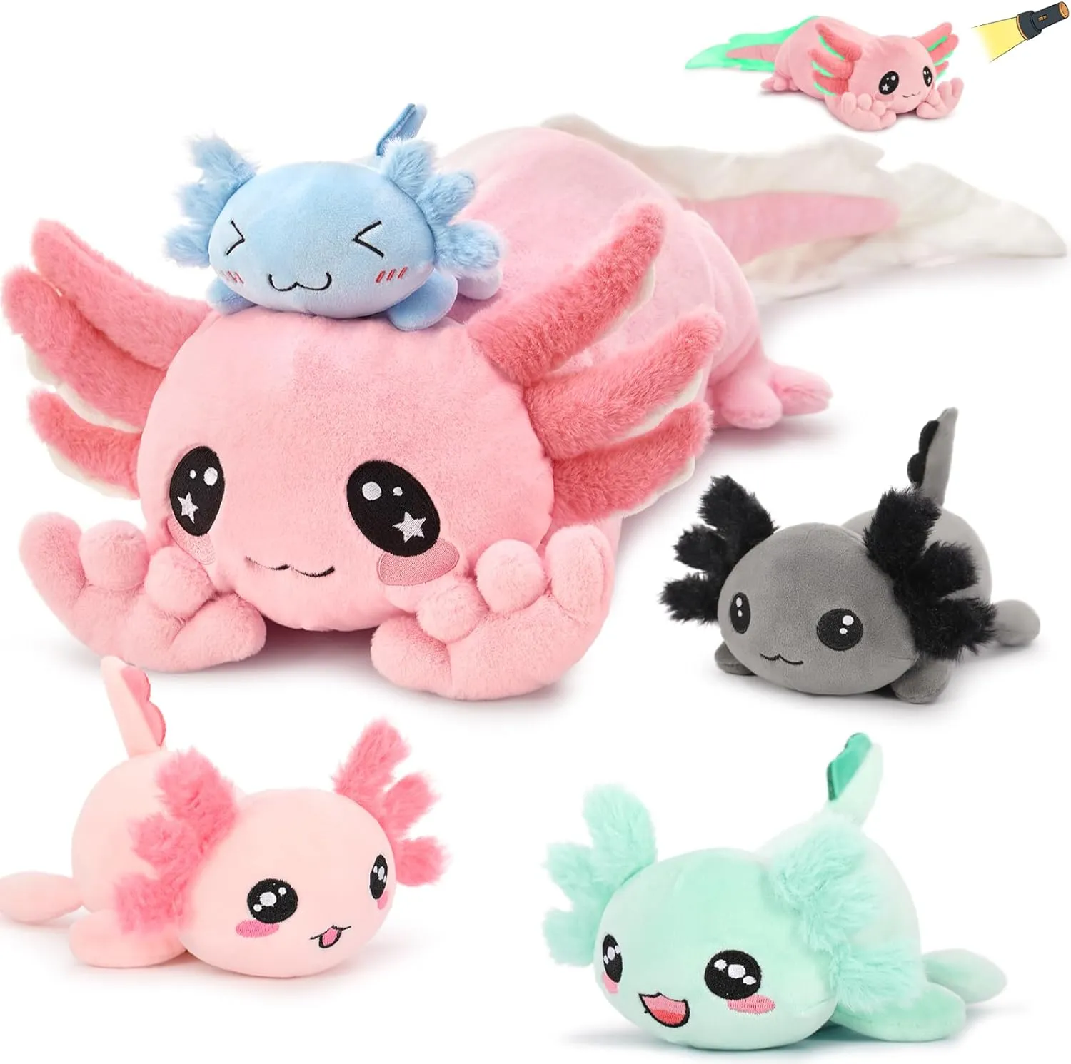 MaoGoLan 32 inch Large Axolotl Stuffed Animals, 5-in-1 Plush Axolotl Toys in Bulk for Kids Christmas Birthday Easter Valentine's Day Gift, Glow in The Dark