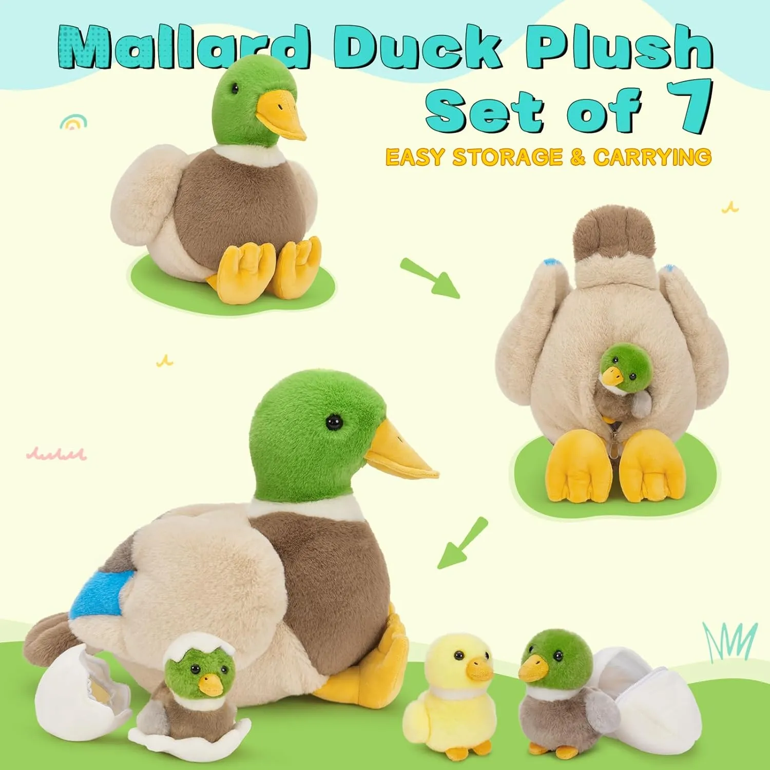 MaoGoLan Stuffed Duck Plush 16'' Large Stuffed Animal for Kids, Toddlers, Infant Nursery Item Mother's Day Baby Shower Party Favors - Mallard Duck Mommy with Baby Ducklings & Eggs Inside