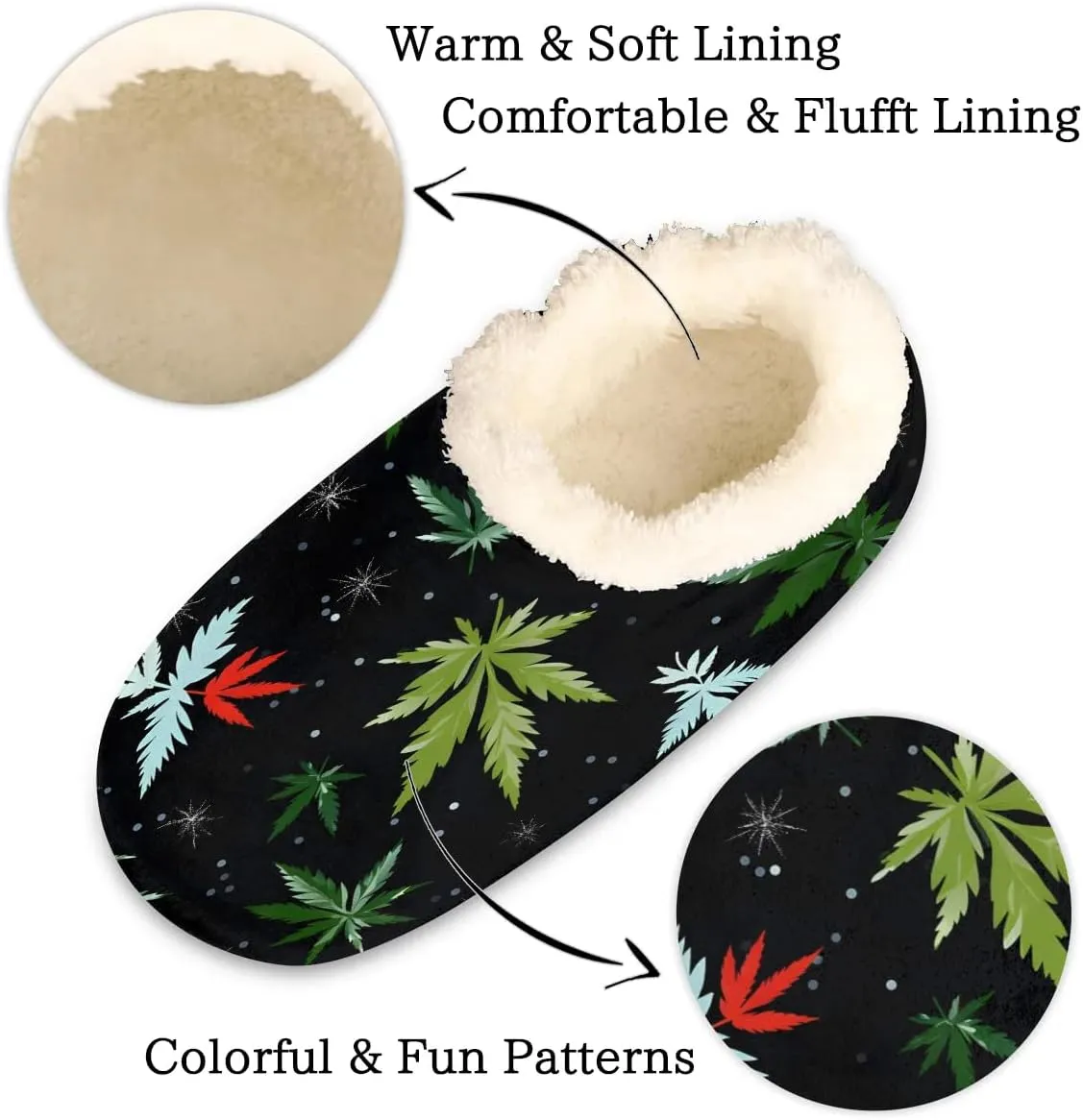 Marijuana Pattern House Slippers for Women Men Indoor Fuzzy Green Leaves Slippers Closed Back Bedroom Shoes Lightweight Cozy Non-slip Home Slippers