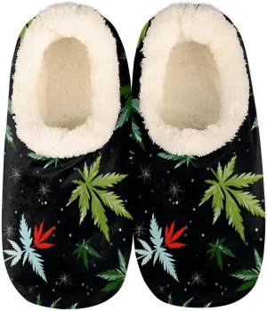 Marijuana Pattern House Slippers for Women Men Indoor Fuzzy Green Leaves Slippers Closed Back Bedroom Shoes Lightweight Cozy Non-slip Home Slippers