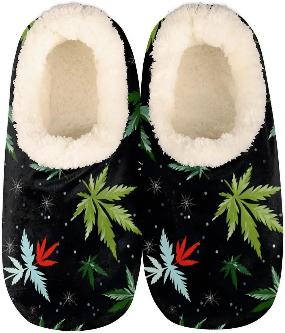 Marijuana Pattern House Slippers for Women Men Indoor Fuzzy Green Leaves Slippers Closed Back Bedroom Shoes Lightweight Cozy Non-slip Home Slippers