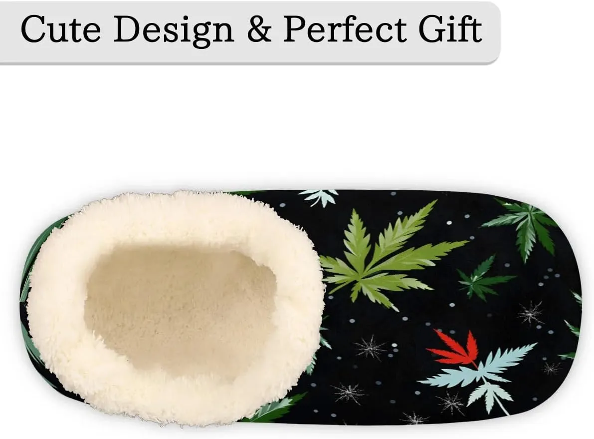 Marijuana Pattern House Slippers for Women Men Indoor Fuzzy Green Leaves Slippers Closed Back Bedroom Shoes Lightweight Cozy Non-slip Home Slippers