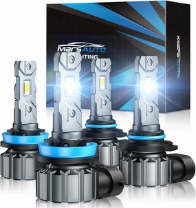 Marsauto M1S 9005/HB3 H11/H8/H9 Light Bulbs Combo, 800% Super Brighter H11 9005 Bulbs or Fog, 6000K HB3 H9 Cool White, 3 Min Plug and Play Lights Combo, IP68, Pack of 4