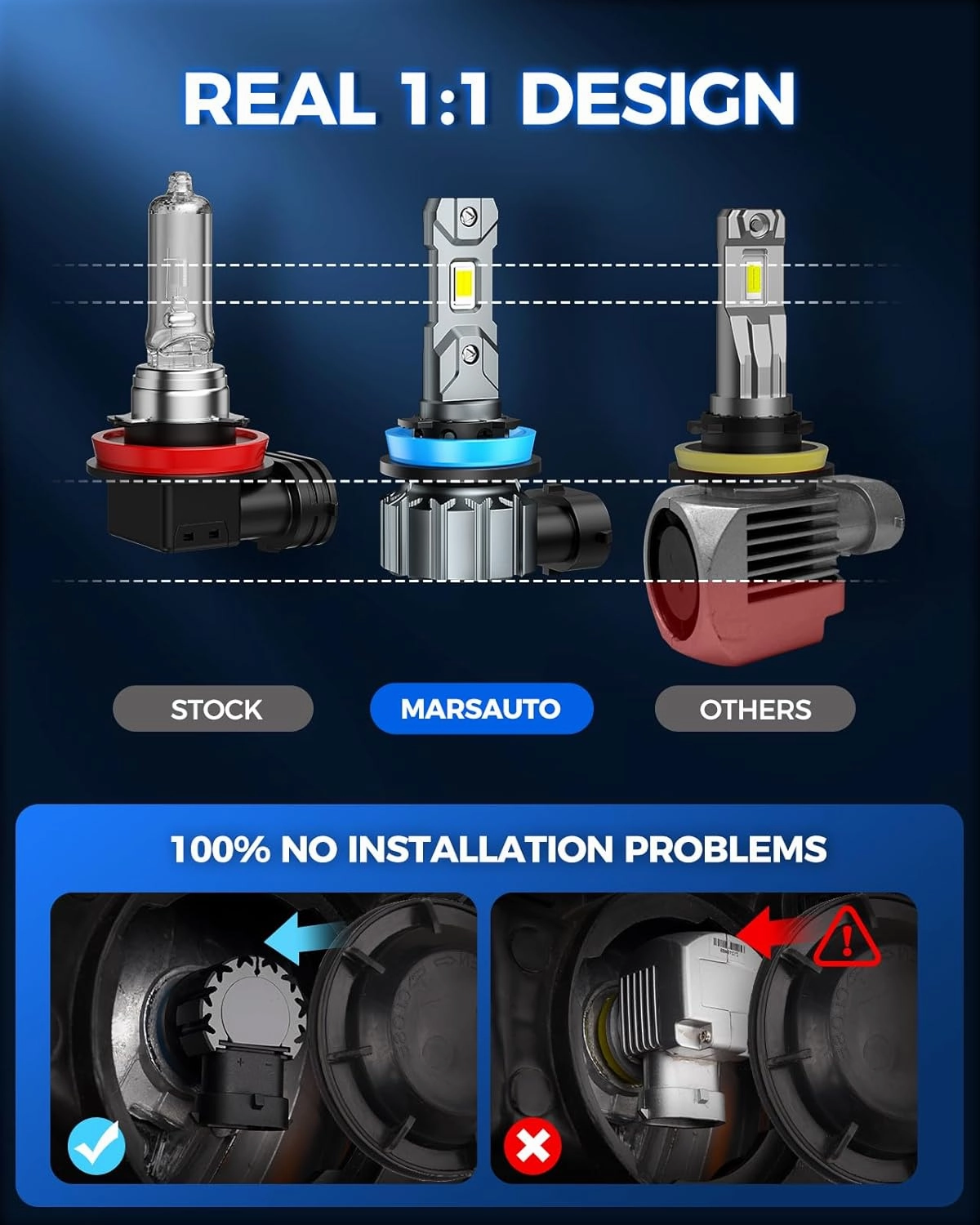 Marsauto M1S 9005/HB3 H11/H8/H9 Light Bulbs Combo, 800% Super Brighter H11 9005 Bulbs or Fog, 6000K HB3 H9 Cool White, 3 Min Plug and Play Lights Combo, IP68, Pack of 4