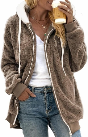 MARSVOVO Women's Long Sleeve Zip Up Fleece Jackets Fall Winter Fashion Hooded Sweatshirt Oversized Warm Outwear Women Coats