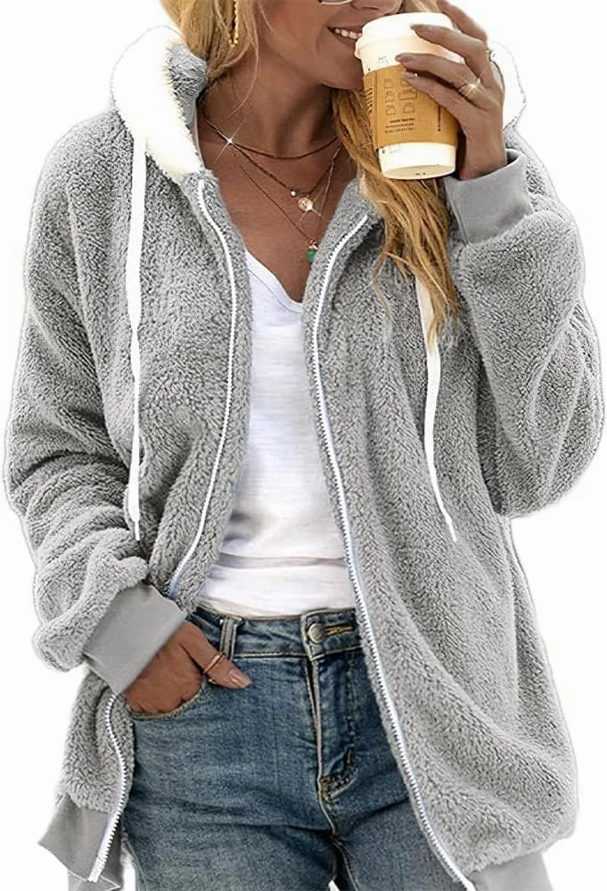 MARSVOVO Women's Long Sleeve Zip Up Fleece Jackets Fall Winter Fashion Hooded Sweatshirt Oversized Warm Outwear Women Coats