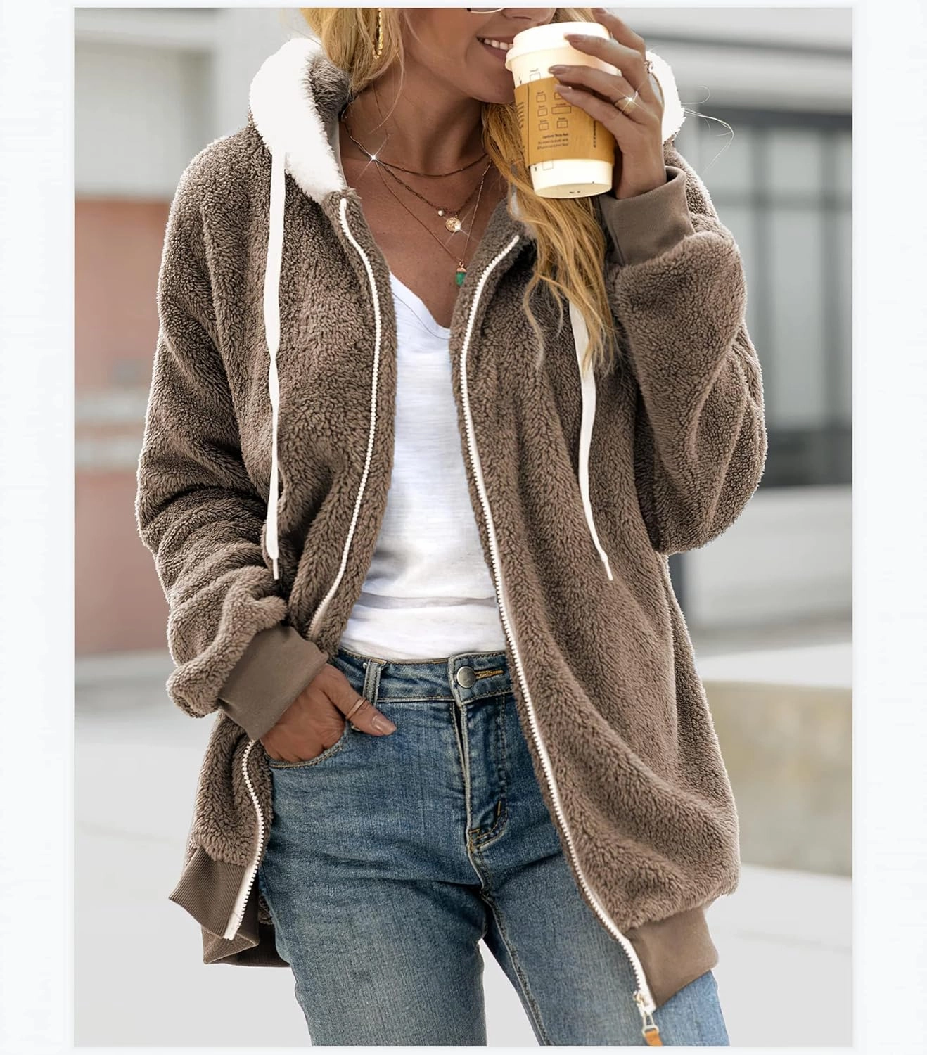 MARSVOVO Women's Long Sleeve Zip Up Fleece Jackets Fall Winter Fashion Hooded Sweatshirt Oversized Warm Outwear Women Coats
