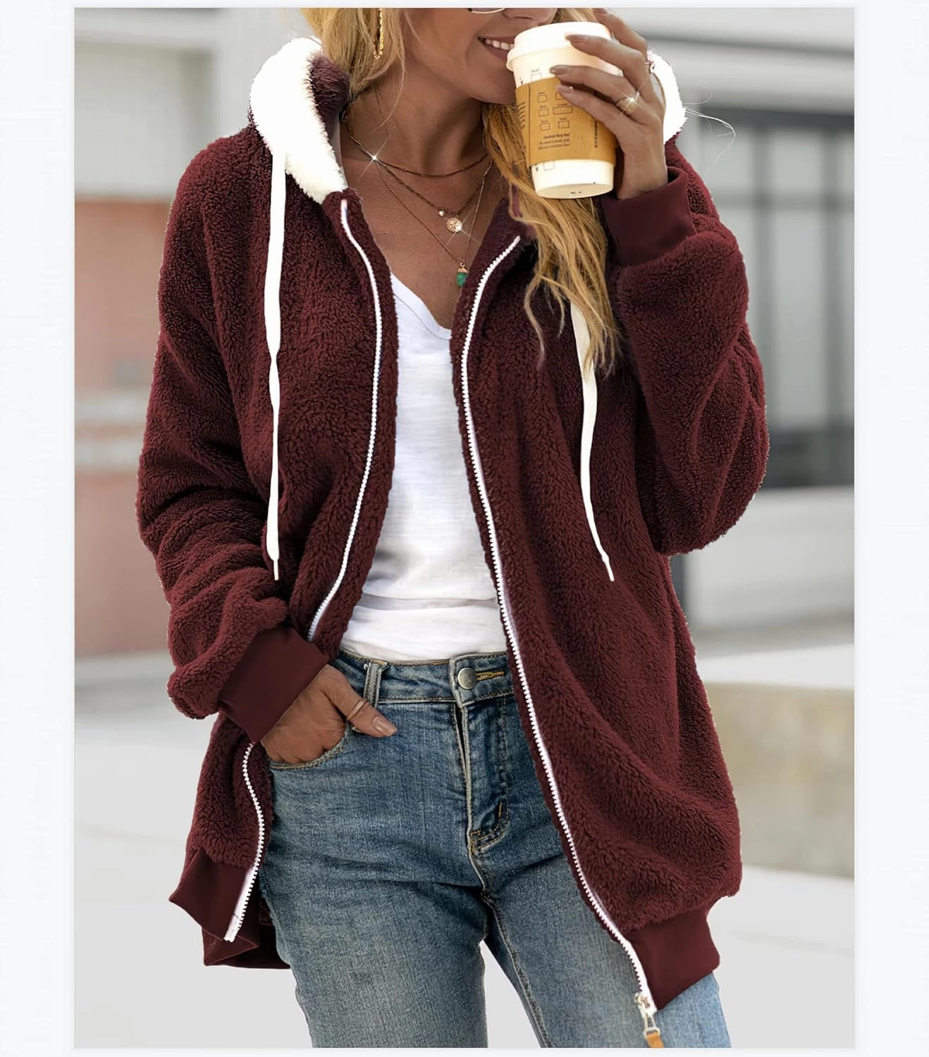 MARSVOVO Women's Long Sleeve Zip Up Fleece Jackets Fall Winter Fashion Hooded Sweatshirt Oversized Warm Outwear Women Coats