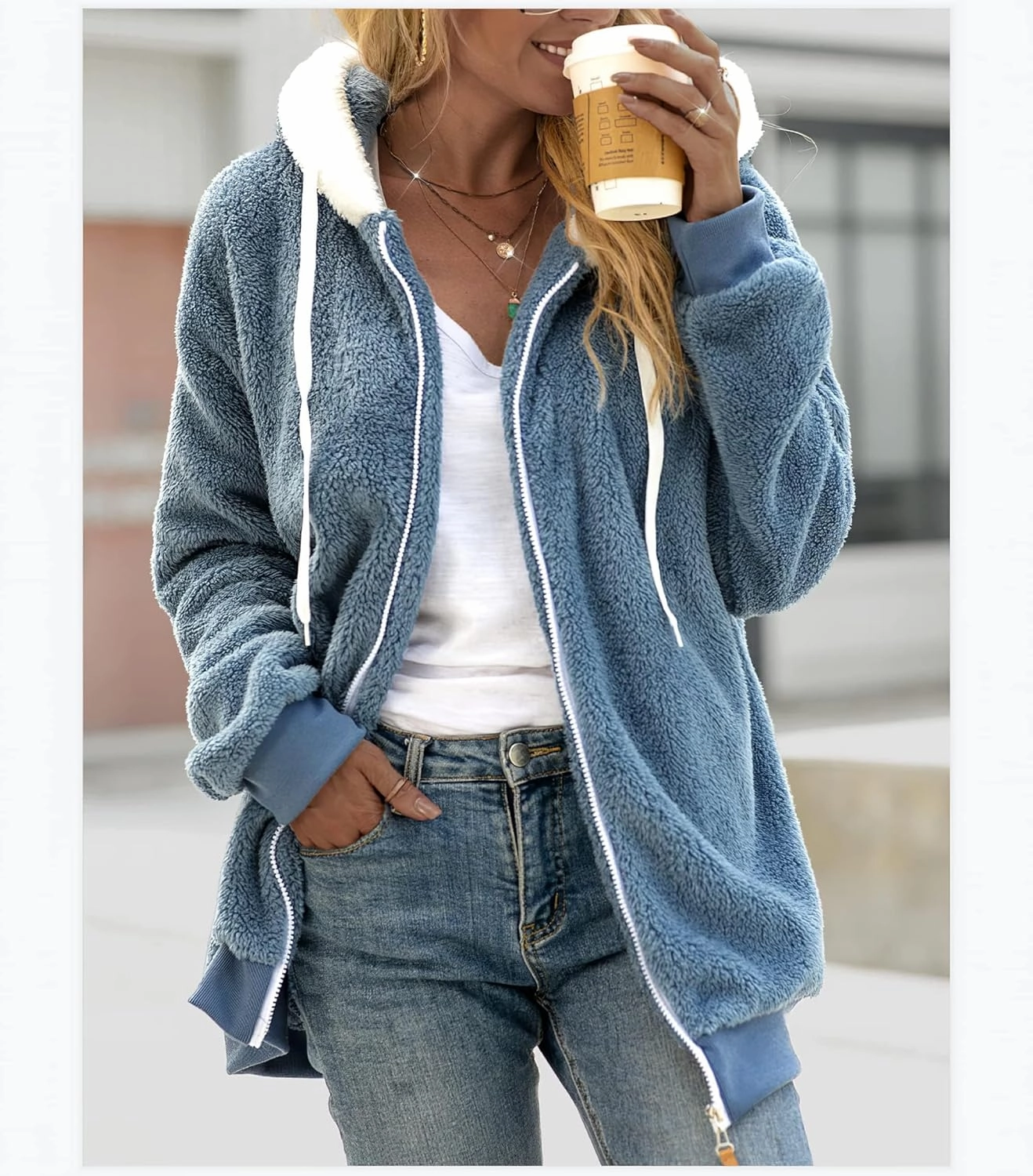 MARSVOVO Women's Long Sleeve Zip Up Fleece Jackets Fall Winter Fashion Hooded Sweatshirt Oversized Warm Outwear Women Coats