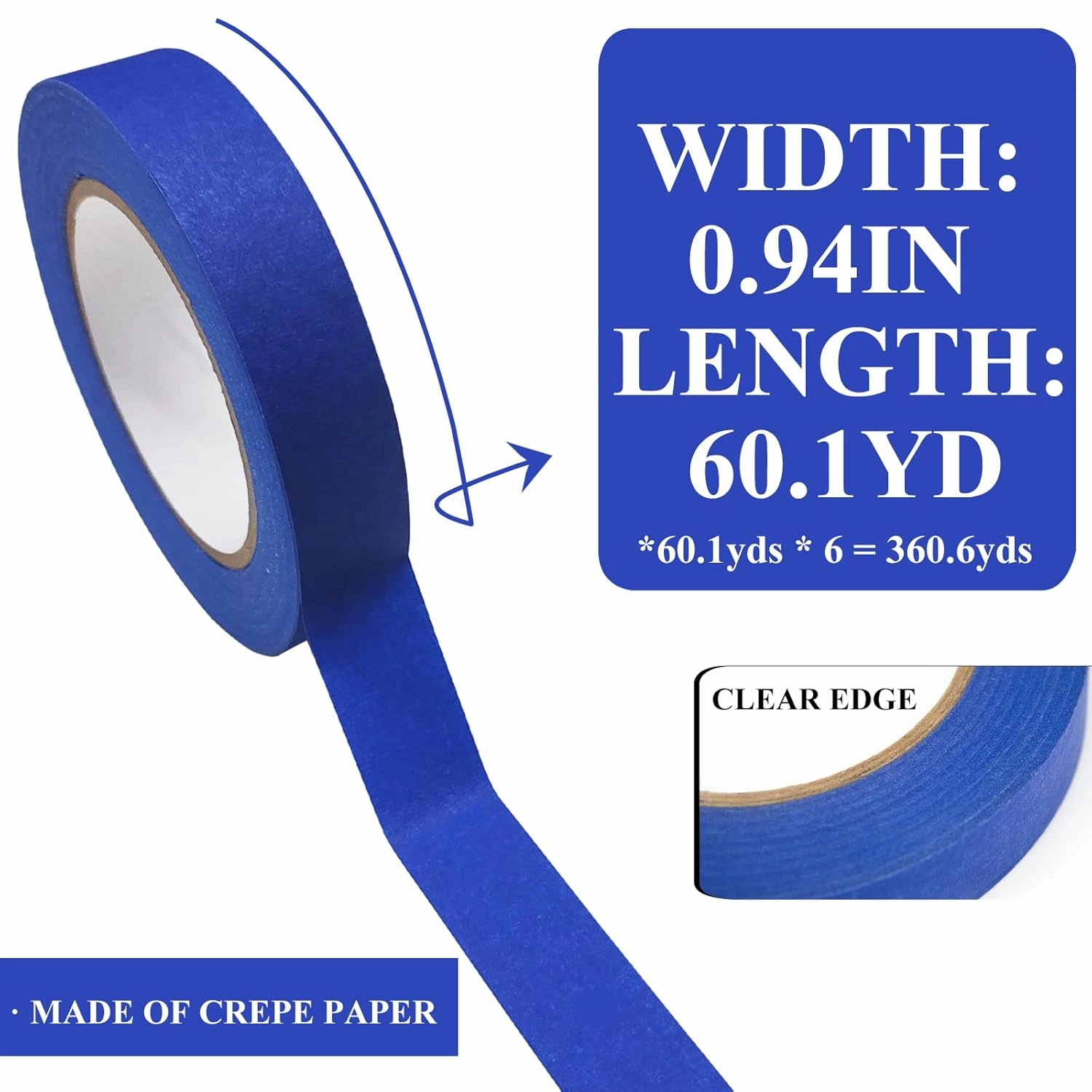 Masking Tape, Blue Tapes, Painters Tape, Artist Painter's Painting Paper Tape for Multi-Purpose Wall Paint, DIY Crafts, Scrapbook, Decoration, Labeling, Edge Finishing, 0.94IN x 60.1YD, 6 Rolls