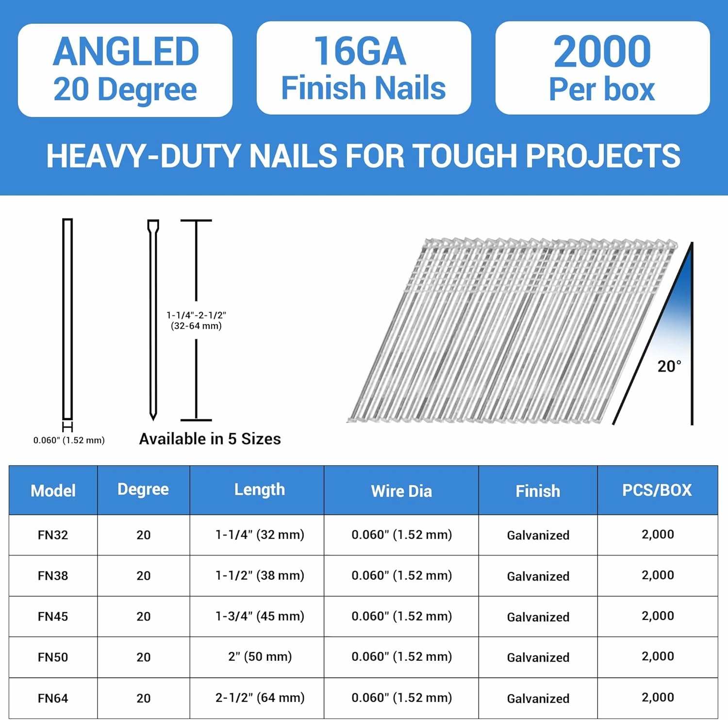 meite 16 Gauge Angled Finish Nails 2-1/2-Inch 20-Degree Galvanized Finishing Nails for Electric or Pneumatic Nailer Guns - Perfect for Window Trim, Cabinet Building and Other DIY Projects (2,000 PCS)