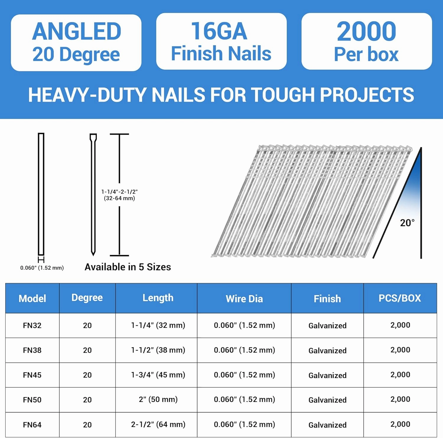 meite 16 Gauge Angled Finish Nails 2-Inch 20-Degree Galvanized Finishing Nails for Electric or Pneumatic Nailer Guns - Perfect for Window Trim, Cabinet Building and Other DIY Projects (2,000 PCS)