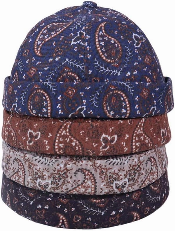 Mens Printed Docker Cap Hats Beanie Sailor Cap Hat Rolled Cuff Retro Brimless Hat