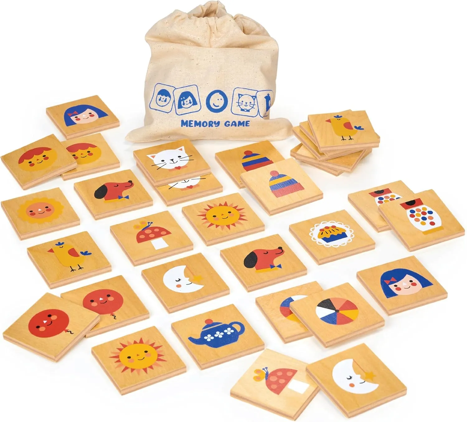 Mentari Toys - Memory Game - 32pc Wooden Matching Memory Game for Toddlers and Kids - Fun Learning Toy with Illustrated Tiles and Fabric Bag - Improve Concentration and Recognition - Age 3 