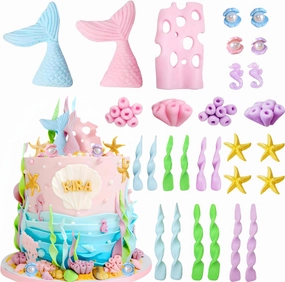 Mermaid Cake Toppers, Qoadwem 29pcs Mermaid Cake Topper For Girls With Tails, Coral, Shell,Seahorse, Seaweed, Starfish For Under The Sea Theme Birthday Party Cake Decorations
