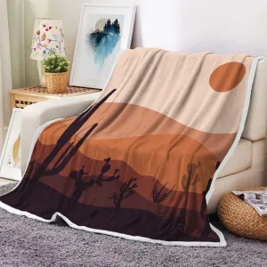 Mid Century Modern Throw Blanket, Boho Mountain Cactus Abstract Fleece Blanket, Desert Landscape Art Minimalist Sunset Sunrise Bohemian Aesthetic Soft Plush Blanket, 50X60IN