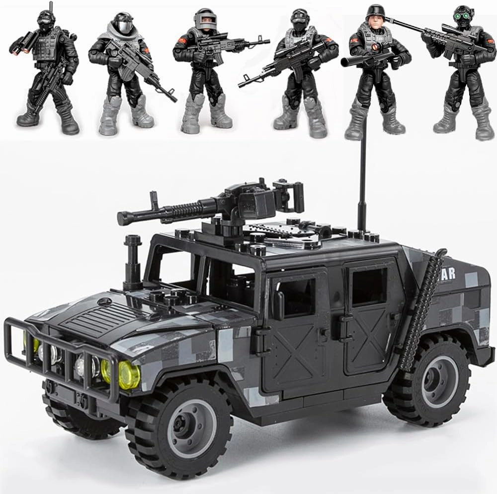 Military Vehicle Building Block with 6 City Policeman Action Mini-Figures with Multiple Military Weapons Accessories SWAT Model Equipment Assembly Building Toys for Boys