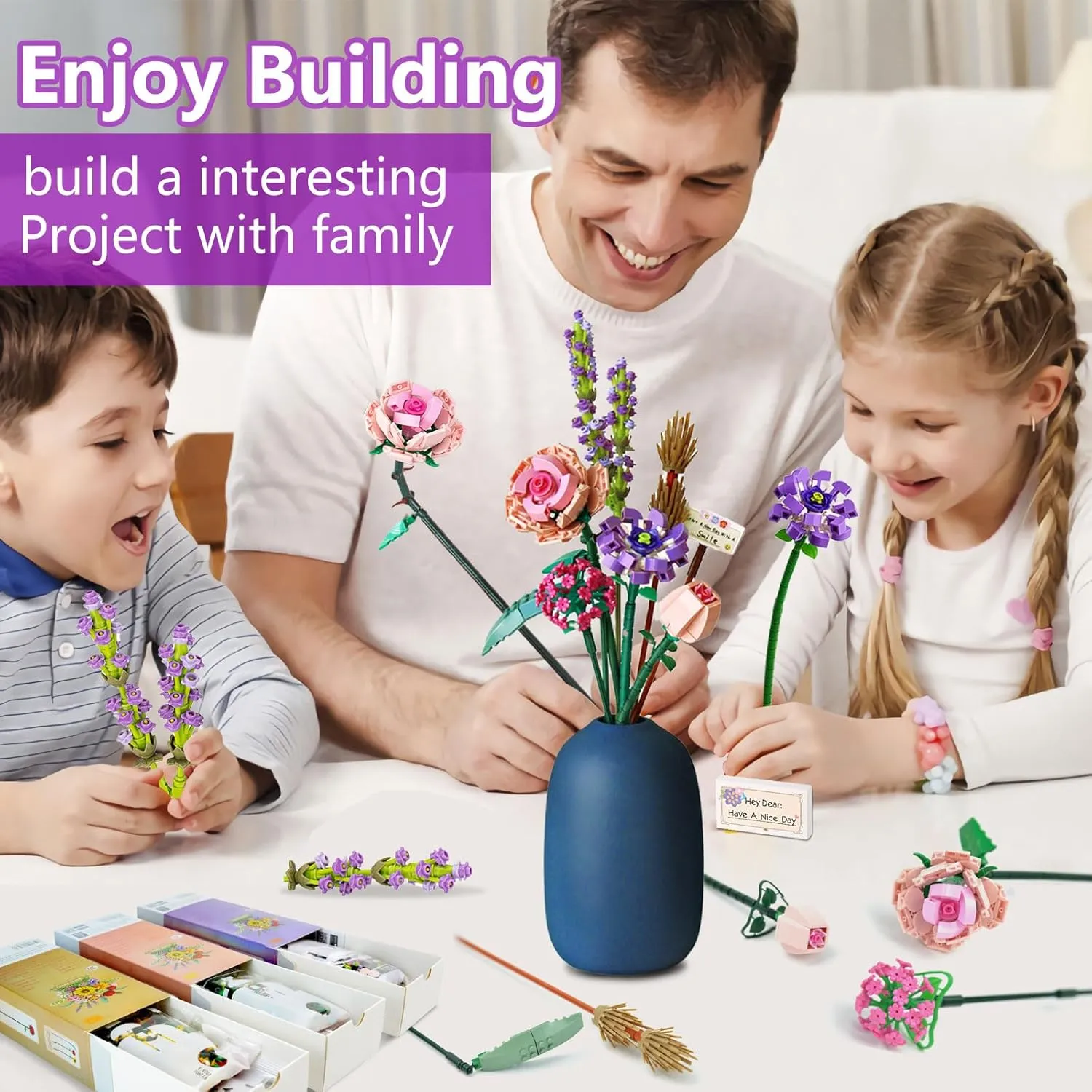 Mini Bricks Flower Bouquet Building Sets, Artificial Flowers with Pink Rose, Unique Home Decor or Birthday/Valentine's Day Gifts for Girls, 547 PCS -1657