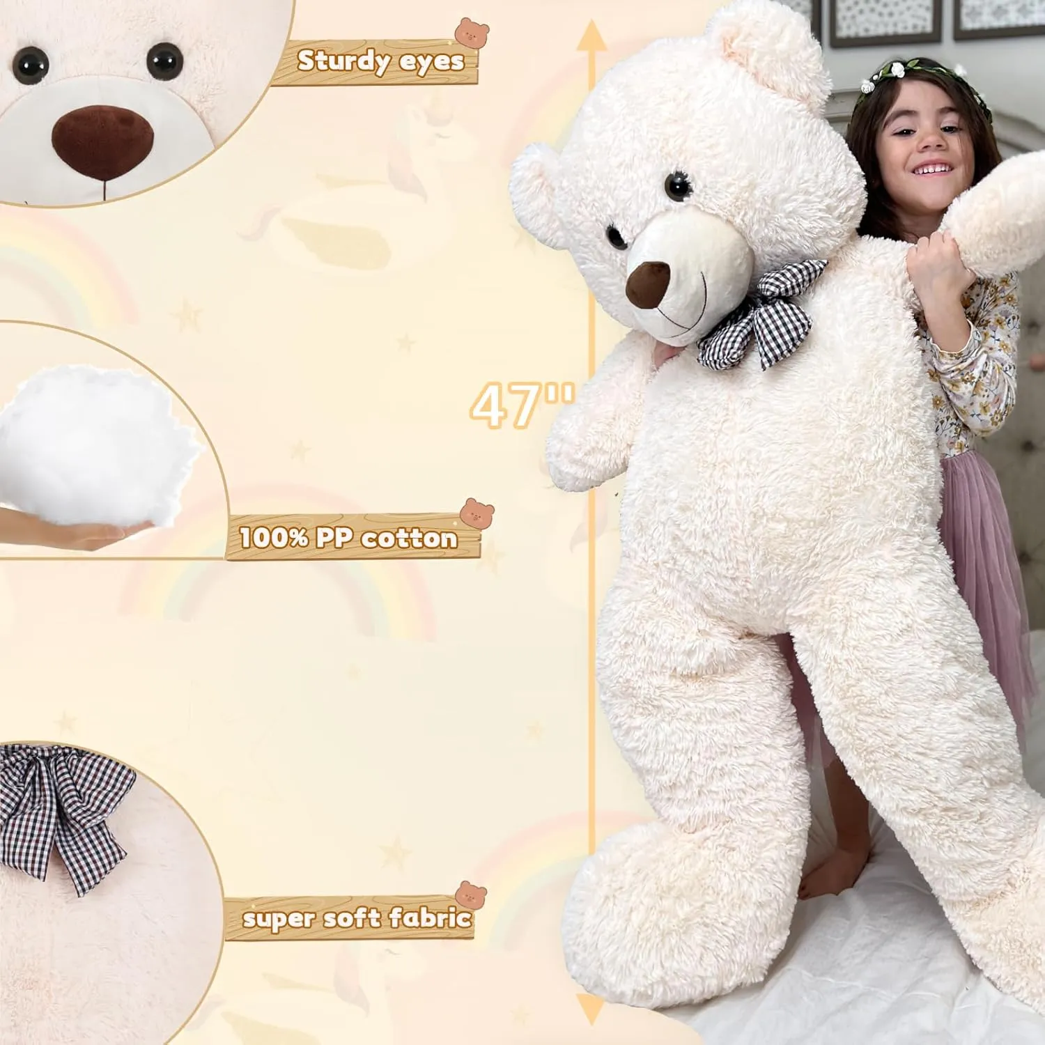 Misscindy Giant Teddy Bear Plush Stuffed Animals for Girlfriend or Kids 47 inch, (White)