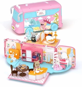 MITCIEN Dollhouse Playset, DIY Pretend Portable Caravan Camper Bus Toy Kit with Little Critters Bunny Dolls Mini Cottage House Set Camping Family Toys for Toddler 3 4 5 6 Year Old Girl