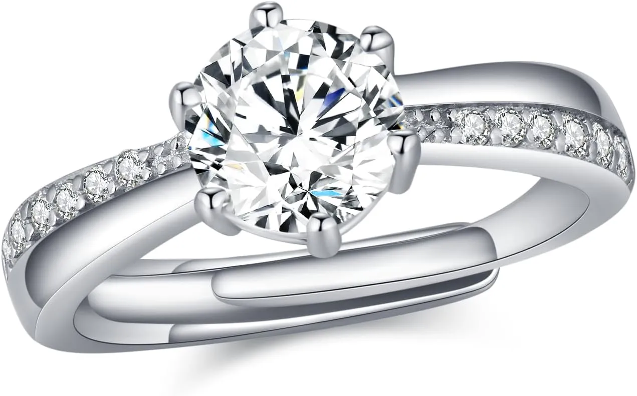 Moissanite Rings for Women D Color VVS1 Clarity Round Brilliant Cut 925 Sterling Silver Moissanite Wedding Band Engagement Rings for her with Certificate (Adjustable)