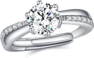 Moissanite Rings for Women D Color VVS1 Clarity Round Brilliant Cut 925 Sterling Silver Moissanite Wedding Band Engagement Rings for her with Certificate (Adjustable)