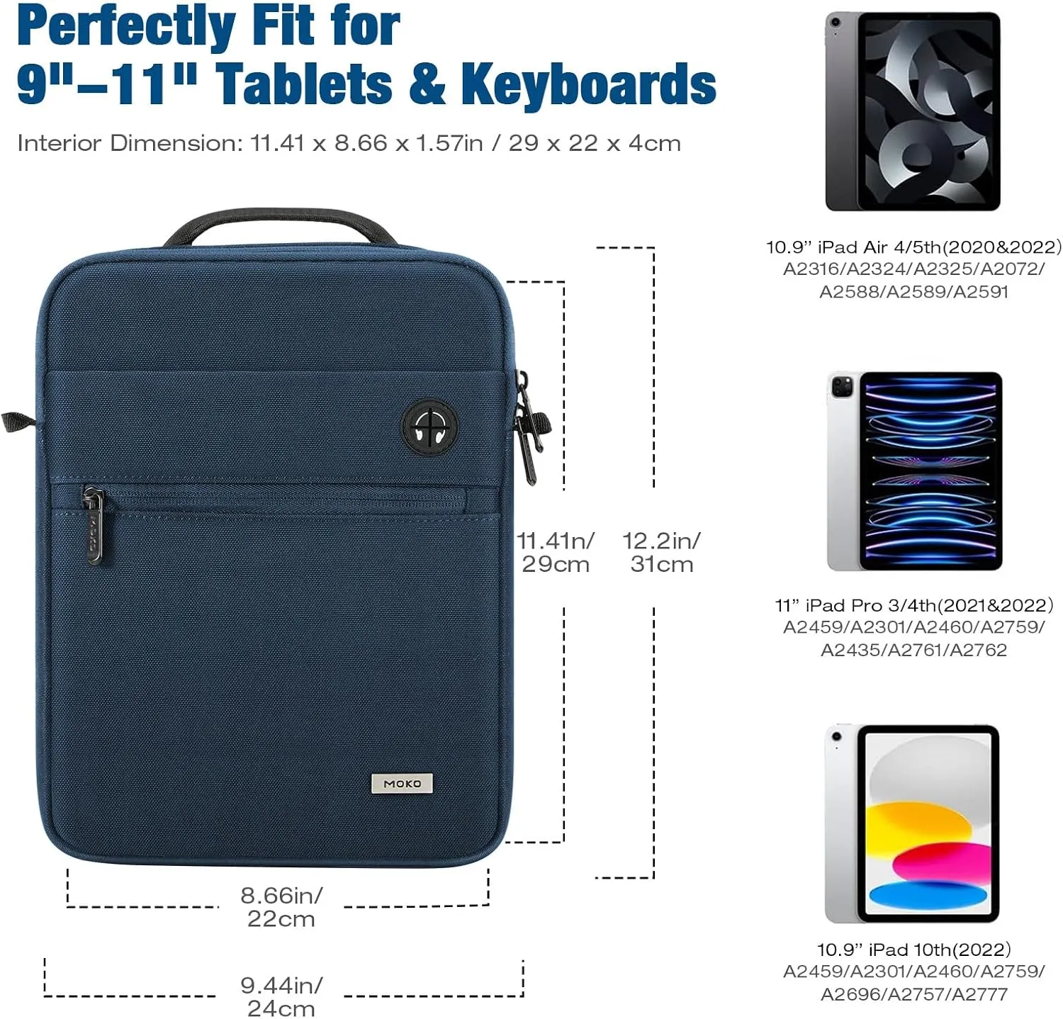 MoKo 9-11 Inch Tablet Bag, 360° Protective Carrying Case Fits iPad Air 5/4th 10.9, iPad Pro 11 inch, iPad 9/8/7th 10.2, iPad 10th Gen 10.9, with Multi-Pockets, Shoulder Strap & Earphone Port, Indigo