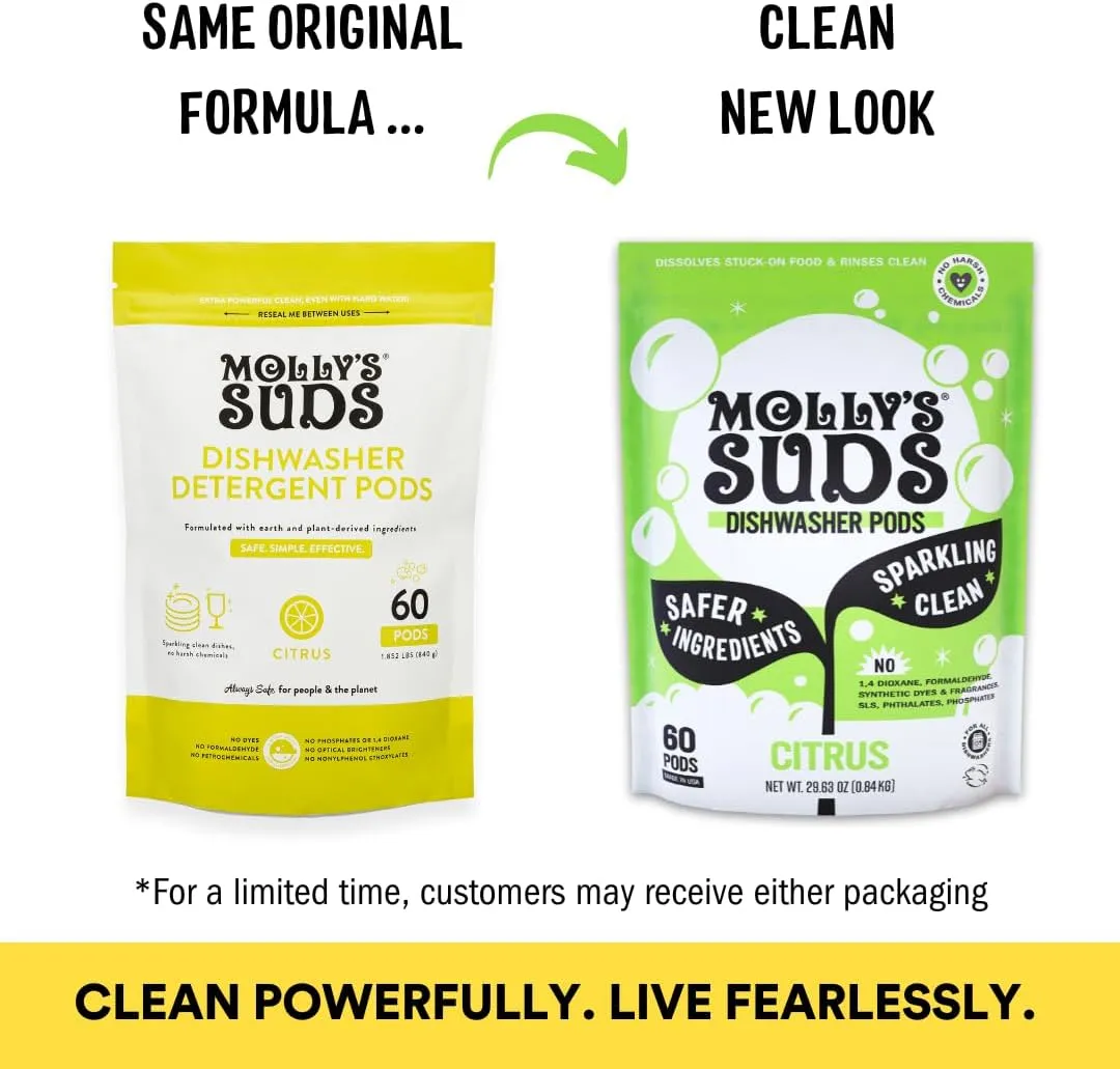 Molly's Suds Dishwasher Pods | Clean Dishwasher Detergent, Cuts Grease & Rinses Clean (Residue-Free) for Sparkling Dishes | 60 Auto-Release Tabs (Citrus)