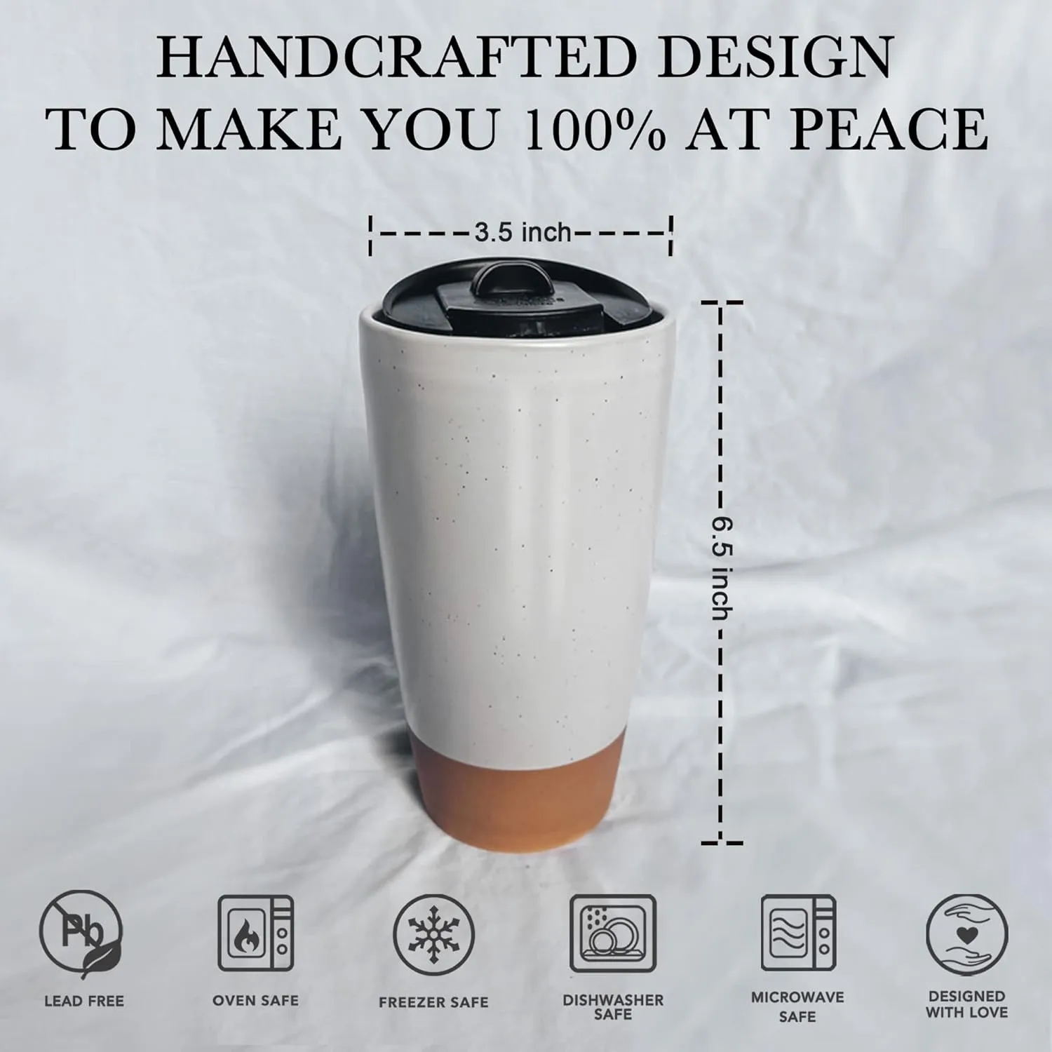 Mora Double Wall Ceramic Coffee Travel Mug with Lid, 14 oz, Portable, Microwave, Dishwasher Safe, Insulated Reusable Tall Cup, Splash Resistant Lid - To Go Tumbler for Car Cup Holder, Cotton White