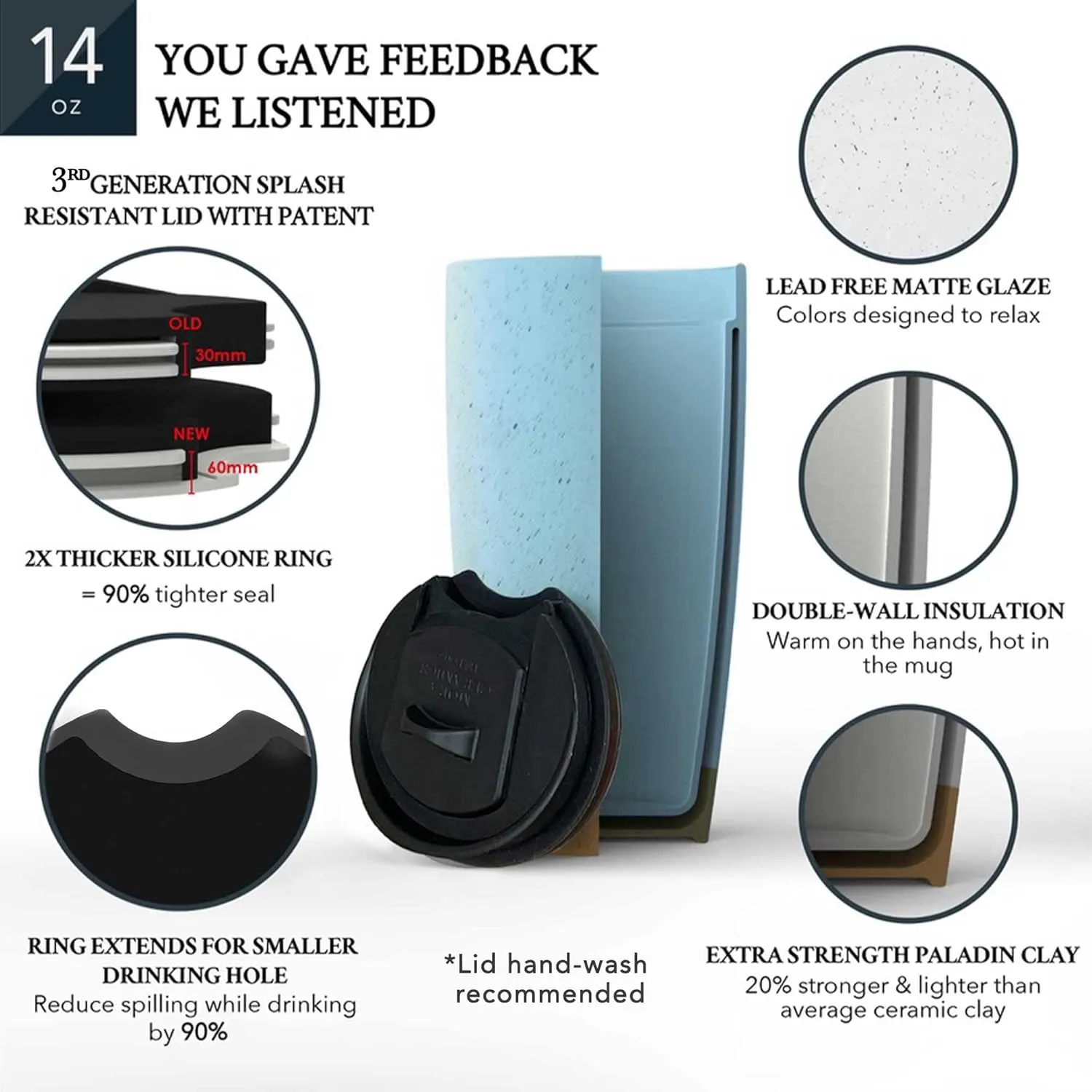 Mora Double Wall Ceramic Coffee Travel Mug with Lid, 14 oz, Portable, Microwave, Dishwasher Safe, Insulated Reusable Tall Cup, Splash Resistant Lid - To Go Tumbler for Car Cup Holder, Dusty Blue