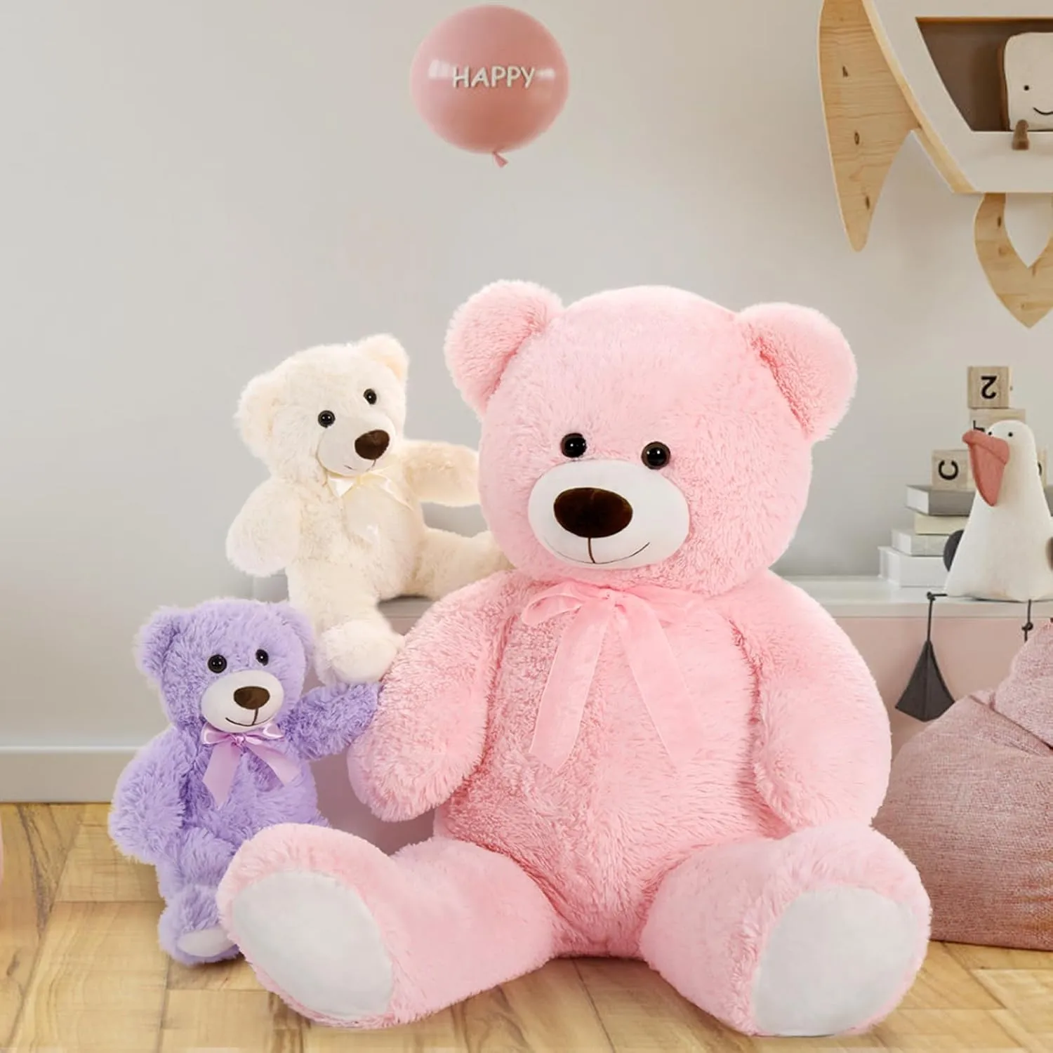 MorisMos Giant Teddy Bears, 36inch Large Mommy Bear with 2 Babies Stuffed Animals for Baby Shower, Big Bear Plush for Kids, Pink