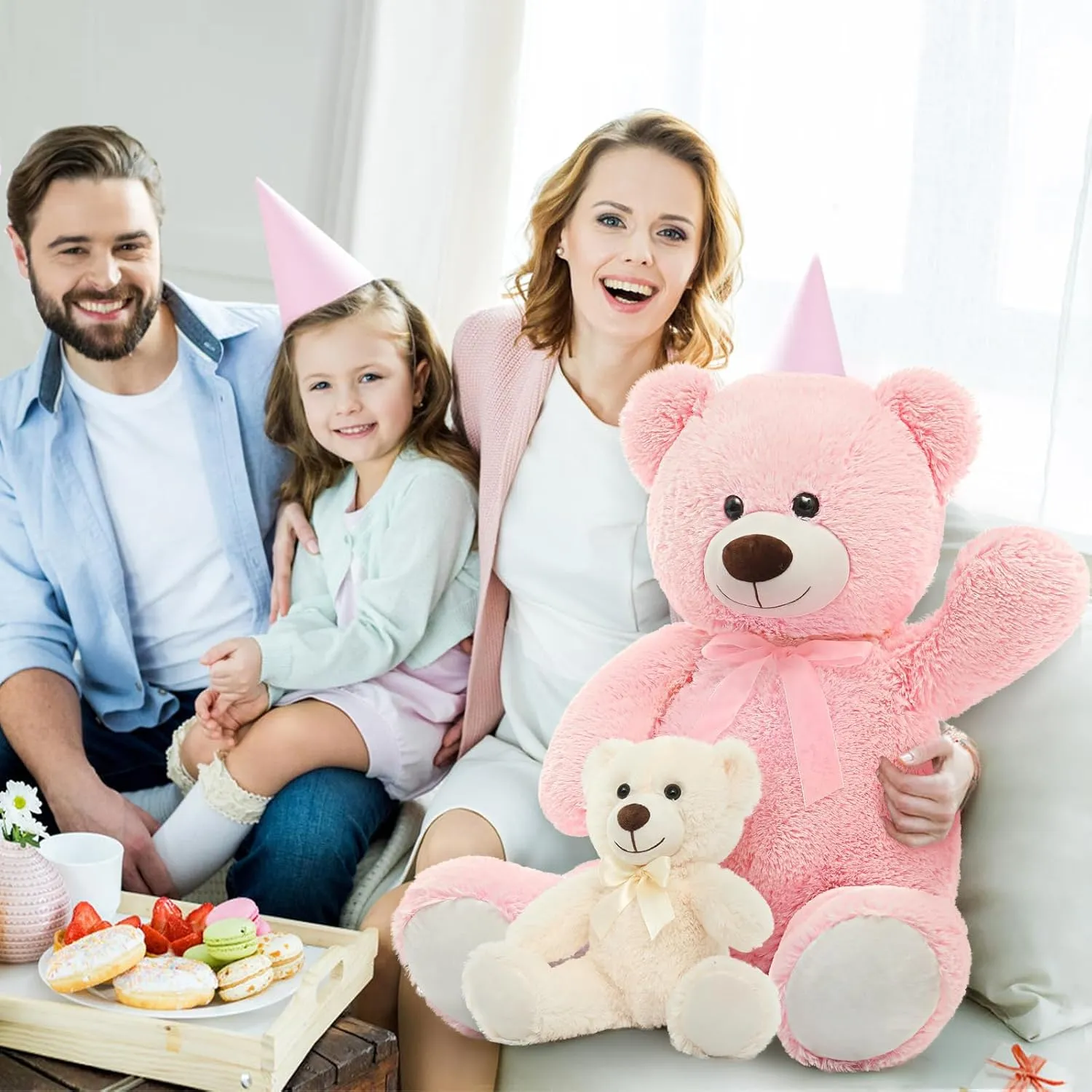 MorisMos Giant Teddy Bears, 36inch Large Mommy Bear with 2 Babies Stuffed Animals for Baby Shower, Big Bear Plush for Kids, Pink
