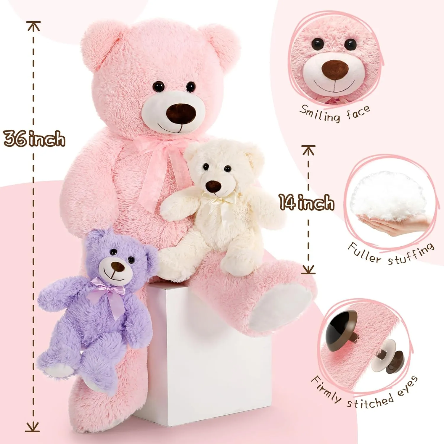MorisMos Giant Teddy Bears, 36inch Large Mommy Bear with 2 Babies Stuffed Animals for Baby Shower, Big Bear Plush for Kids, Pink