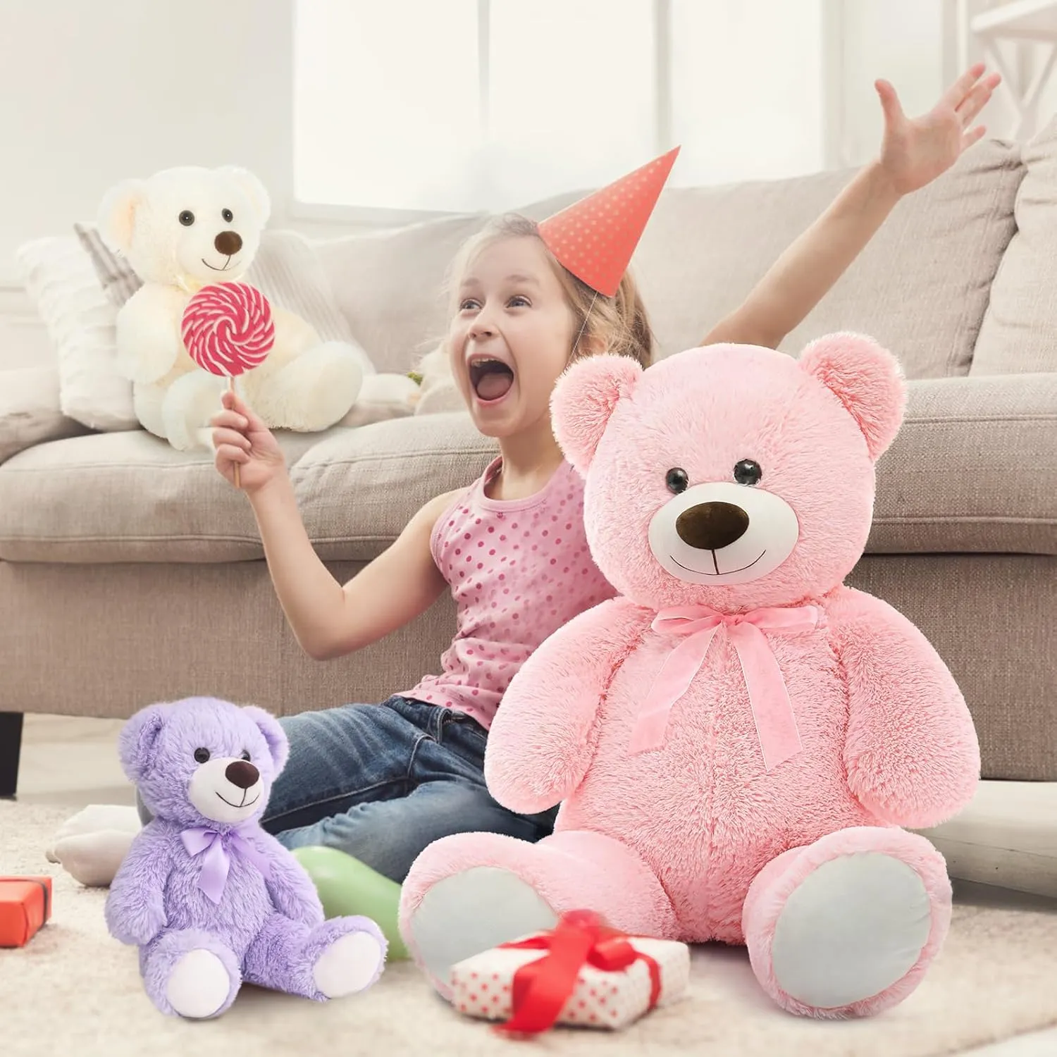 MorisMos Giant Teddy Bears, 36inch Large Mommy Bear with 2 Babies Stuffed Animals for Baby Shower, Big Bear Plush for Kids, Pink