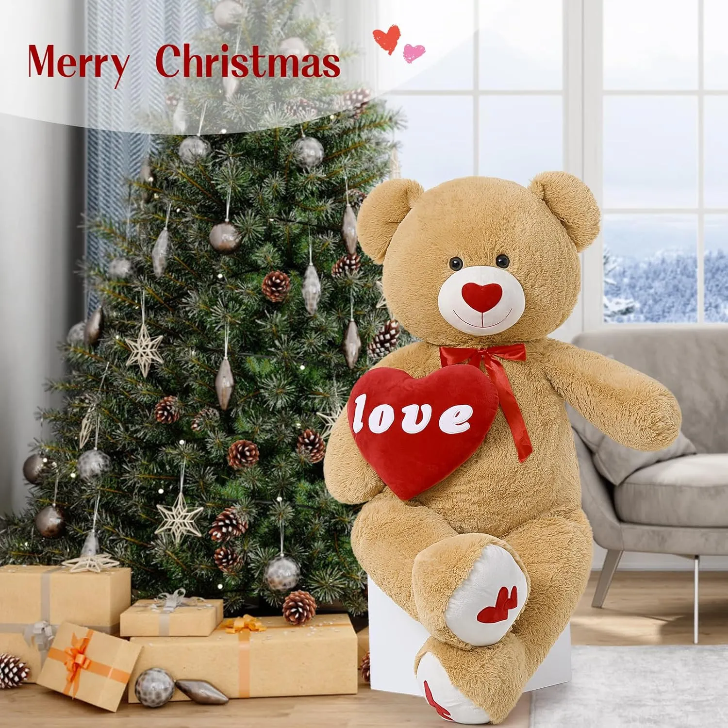 MorisMos Love Heart Giant Teddy Bear 4ft, 51inch Red Heart Large Bear for Girlfriend, Soft Valentine Stuffed Animals Plush Gift for Boyfriend Kids, Brown