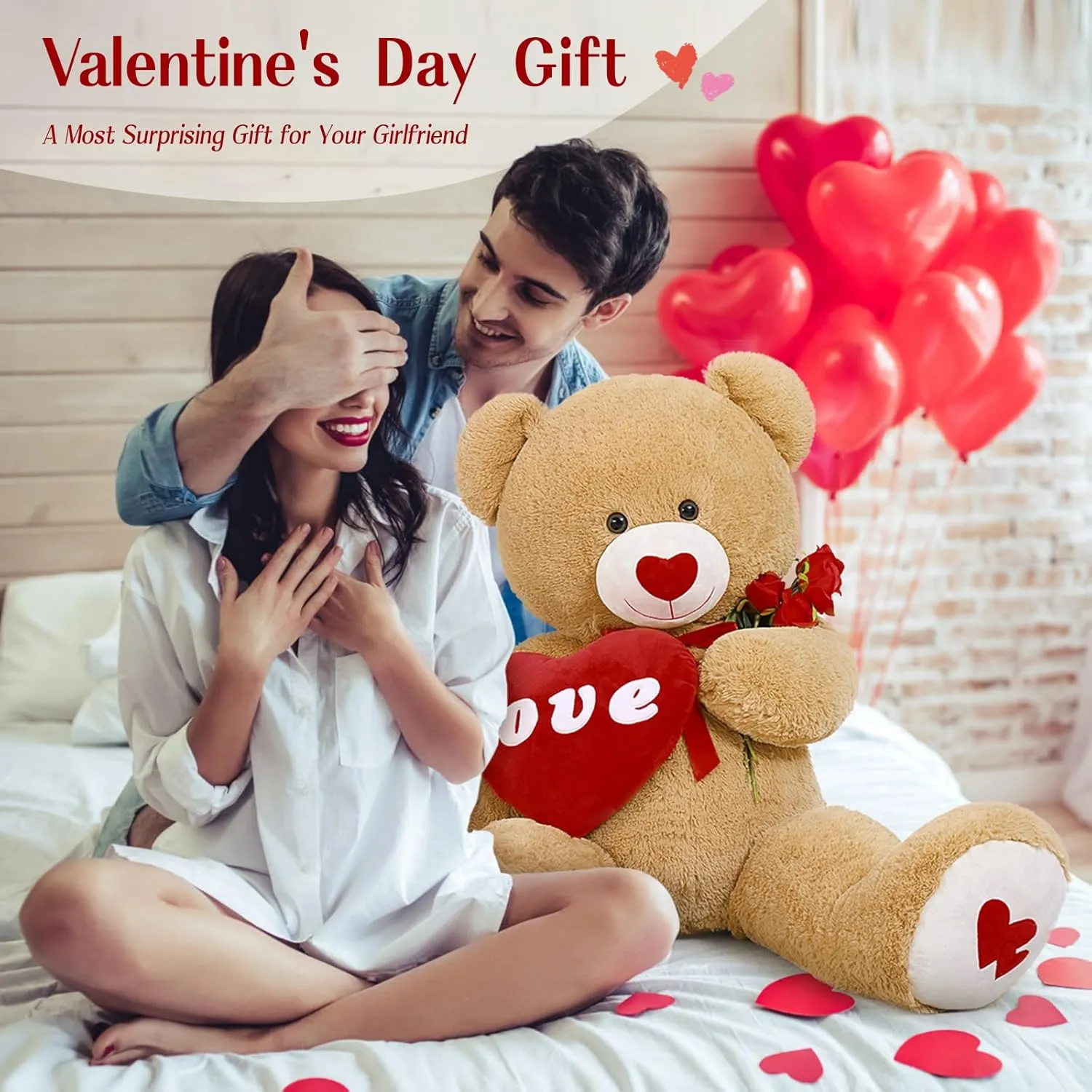 MorisMos Love Heart Giant Teddy Bear 4ft, 51inch Red Heart Large Bear for Girlfriend, Soft Valentine Stuffed Animals Plush Gift for Boyfriend Kids, Brown