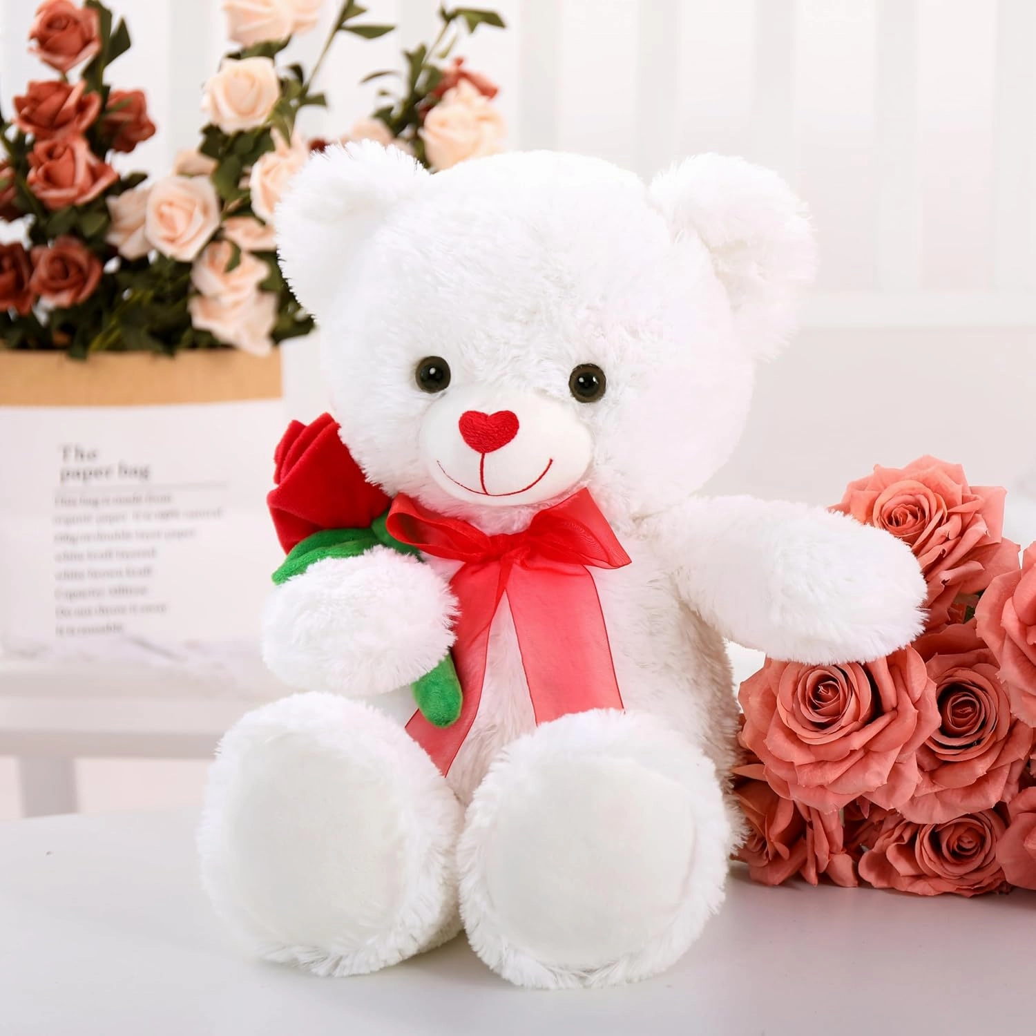 MorisMos 20in Teddy Bear Stuffed Animal with Rose, Cute Stuffed Bear with Red Bow for Valentine Day, I Love You Teddy Bear Plush for Girlfriend, Boyfriend