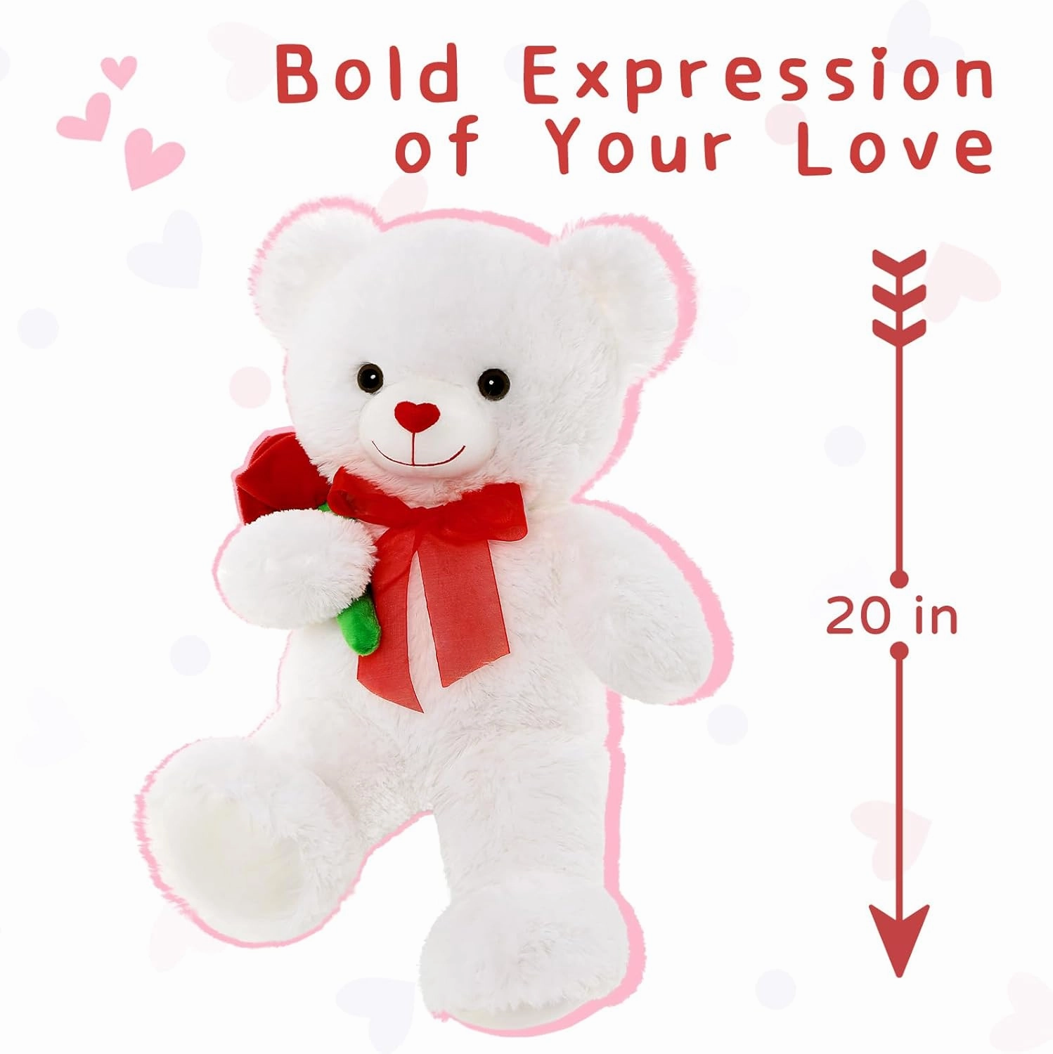 MorisMos 20in Teddy Bear Stuffed Animal with Rose, Cute Stuffed Bear with Red Bow for Valentine Day, I Love You Teddy Bear Plush for Girlfriend, Boyfriend