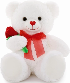 MorisMos 20in Teddy Bear Stuffed Animal with Rose, Cute Stuffed Bear with Red Bow for Valentine Day, I Love You Teddy Bear Plush for Girlfriend, Boyfriend