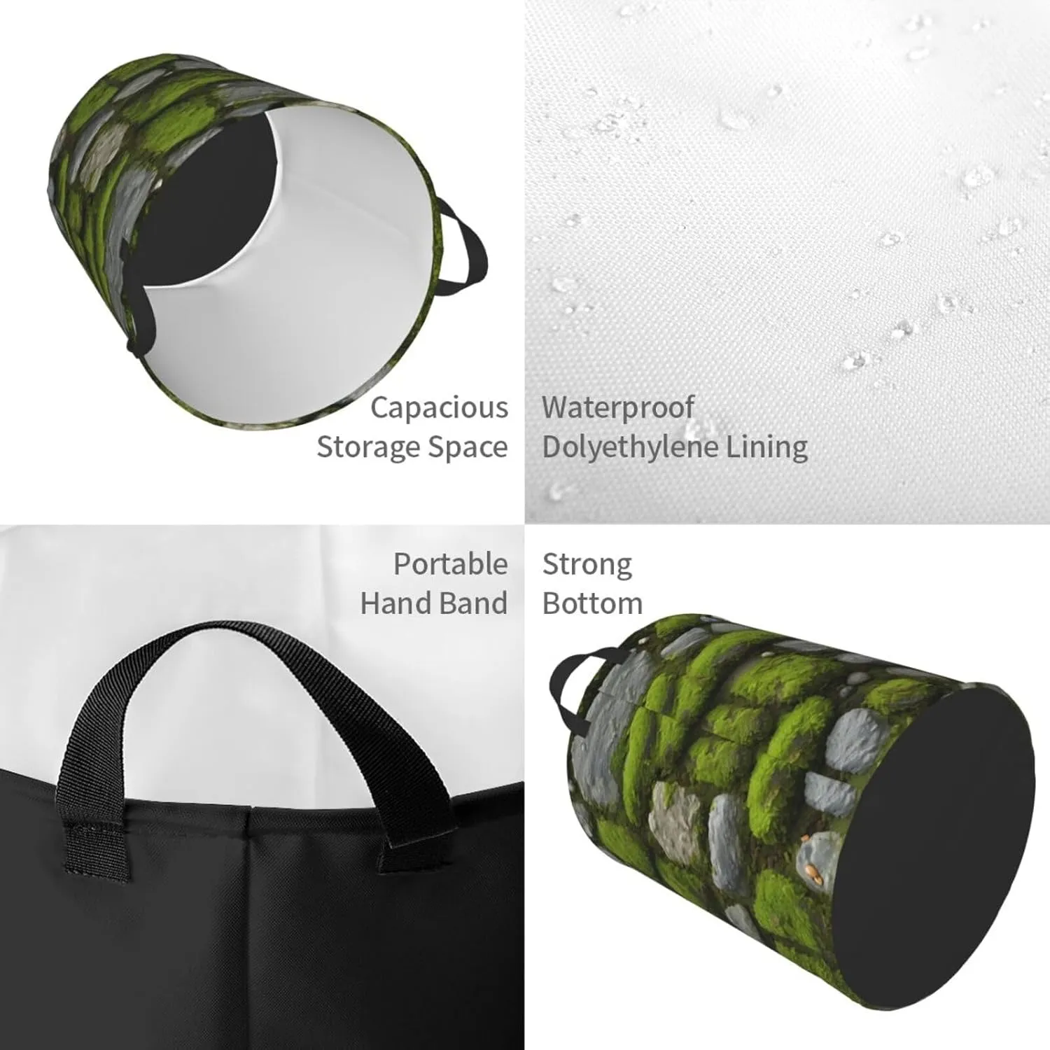 Moss Stone Pavement Circular Single Layer Print Laundry Hamper Basket Portable Clothes Storage Bag Bathroom Bedroom
