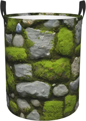 Moss Stone Pavement Circular Single Layer Print Laundry Hamper Basket Portable Clothes Storage Bag Bathroom Bedroom