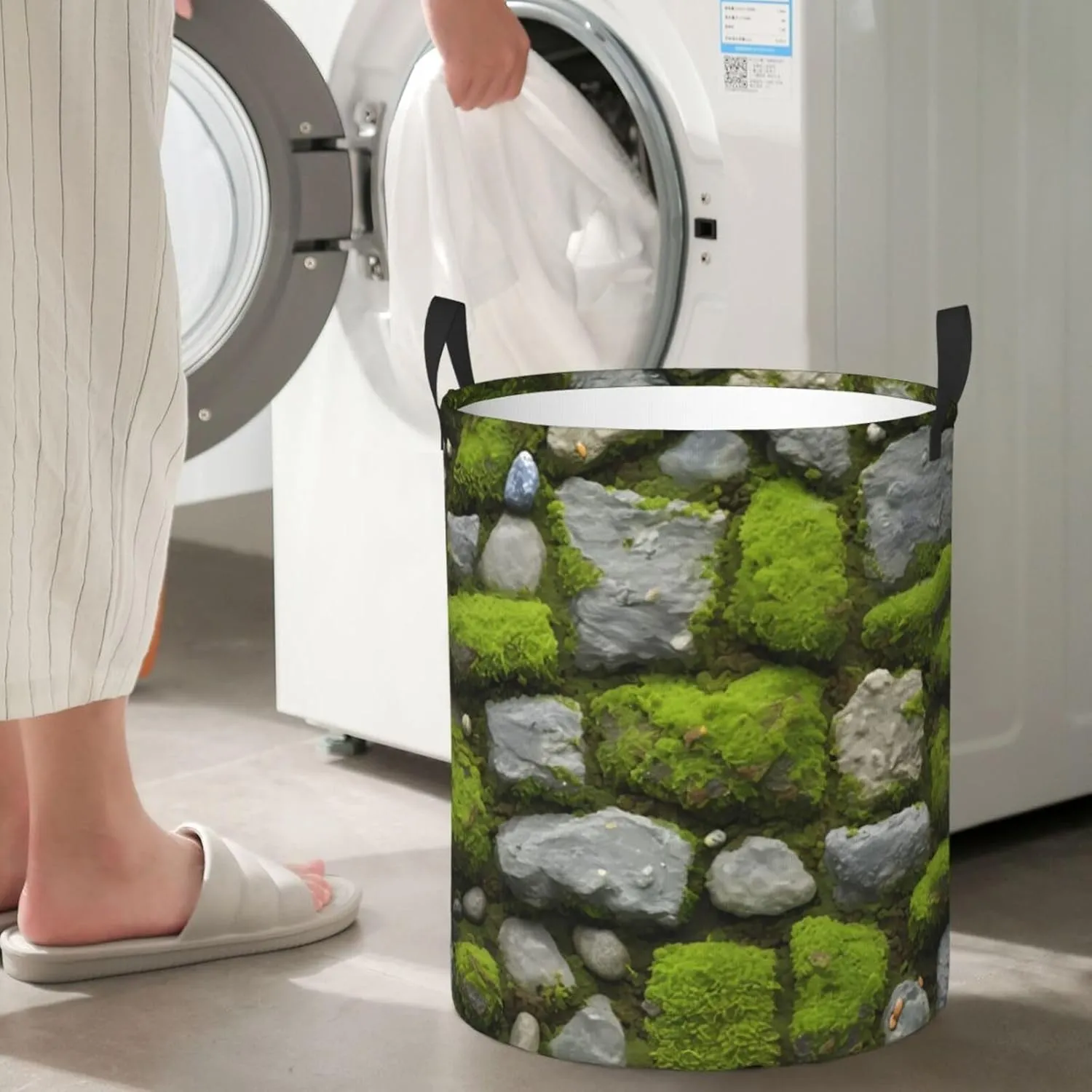 Moss Stone Pavement Circular Single Layer Print Laundry Hamper Basket Portable Clothes Storage Bag Bathroom Bedroom