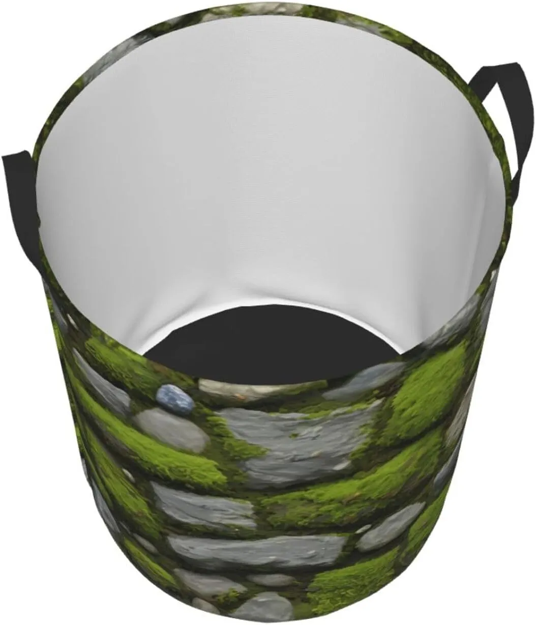 Moss Stone Pavement Circular Single Layer Print Laundry Hamper Basket Portable Clothes Storage Bag Bathroom Bedroom