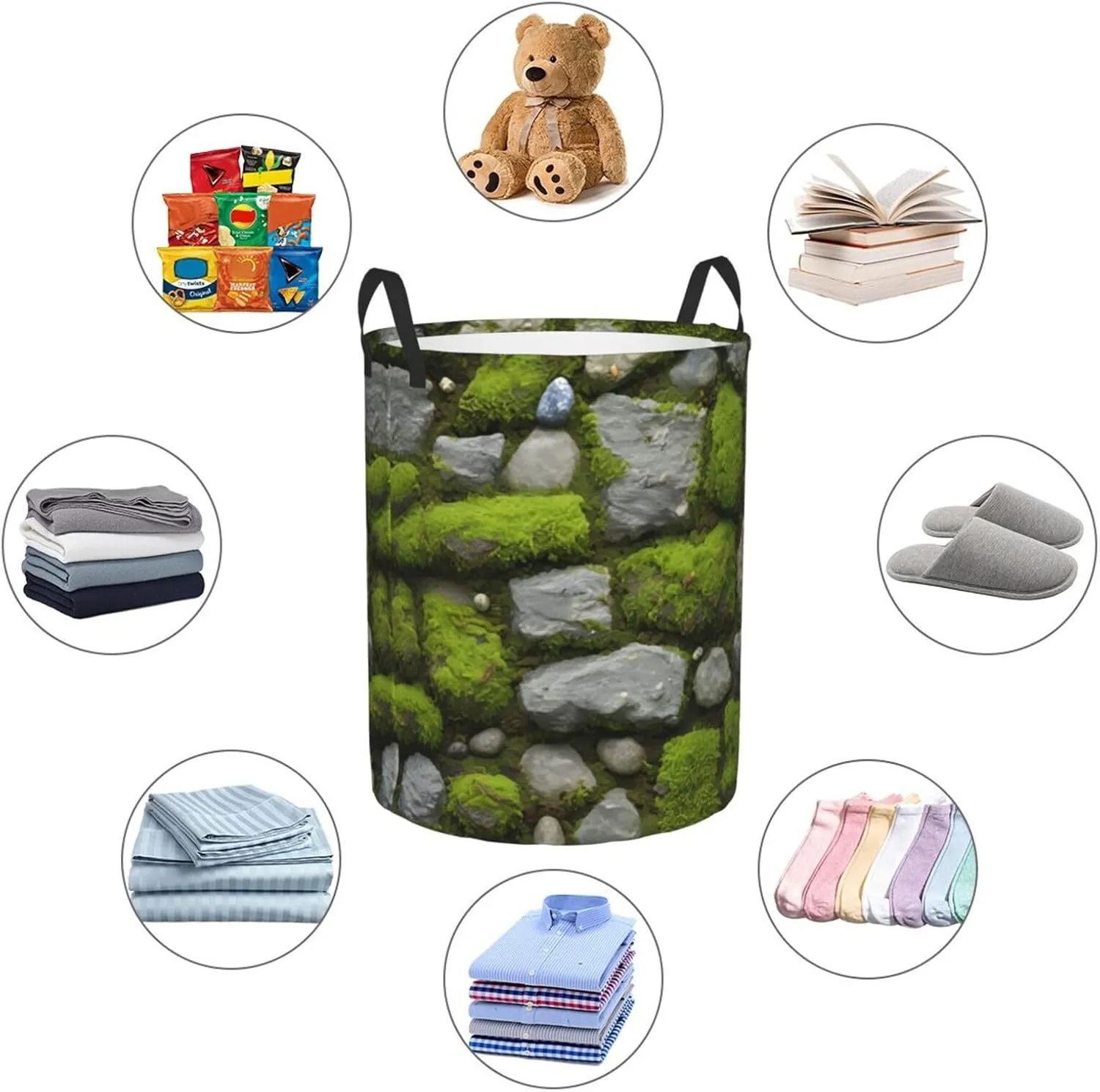 Moss Stone Pavement Circular Single Layer Print Laundry Hamper Basket Portable Clothes Storage Bag Bathroom Bedroom