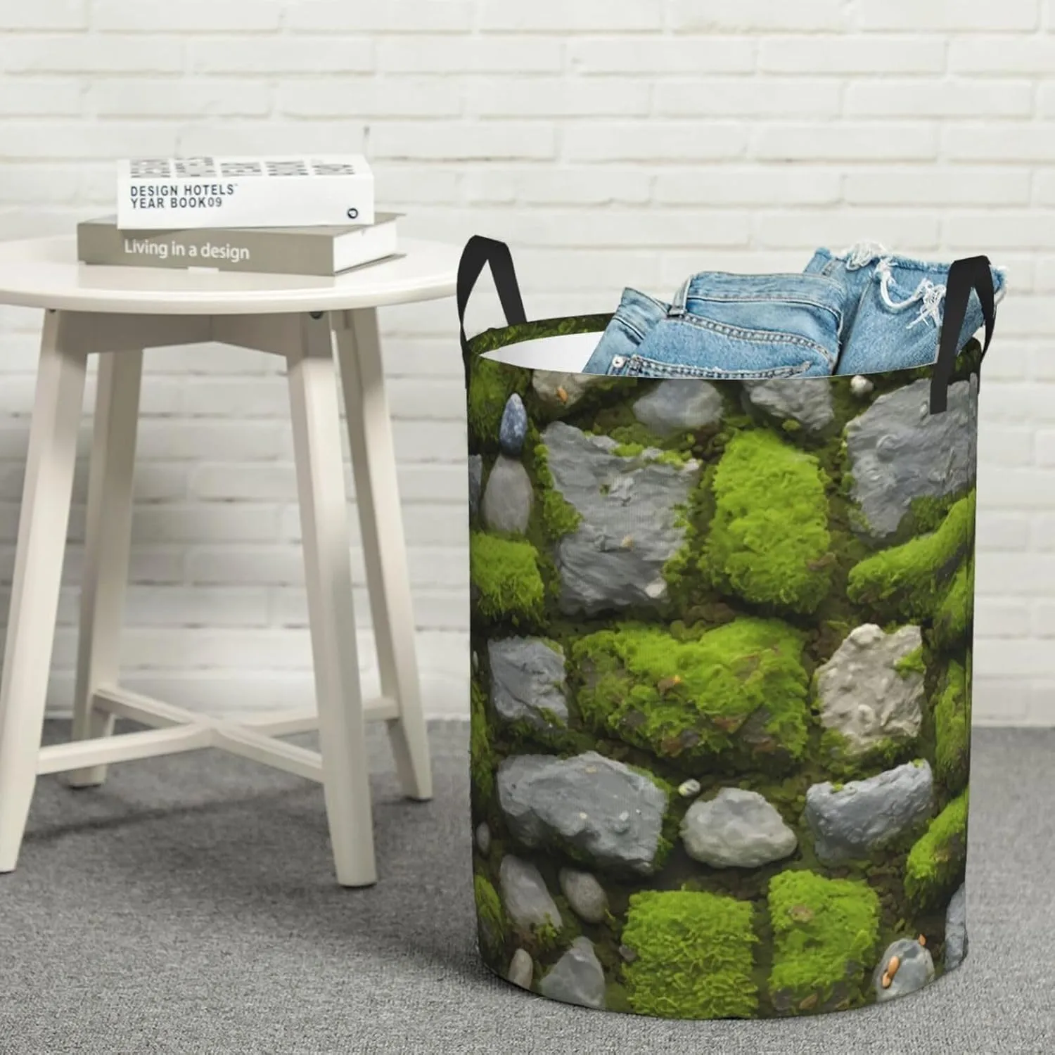 Moss Stone Pavement Circular Single Layer Print Laundry Hamper Basket Portable Clothes Storage Bag Bathroom Bedroom