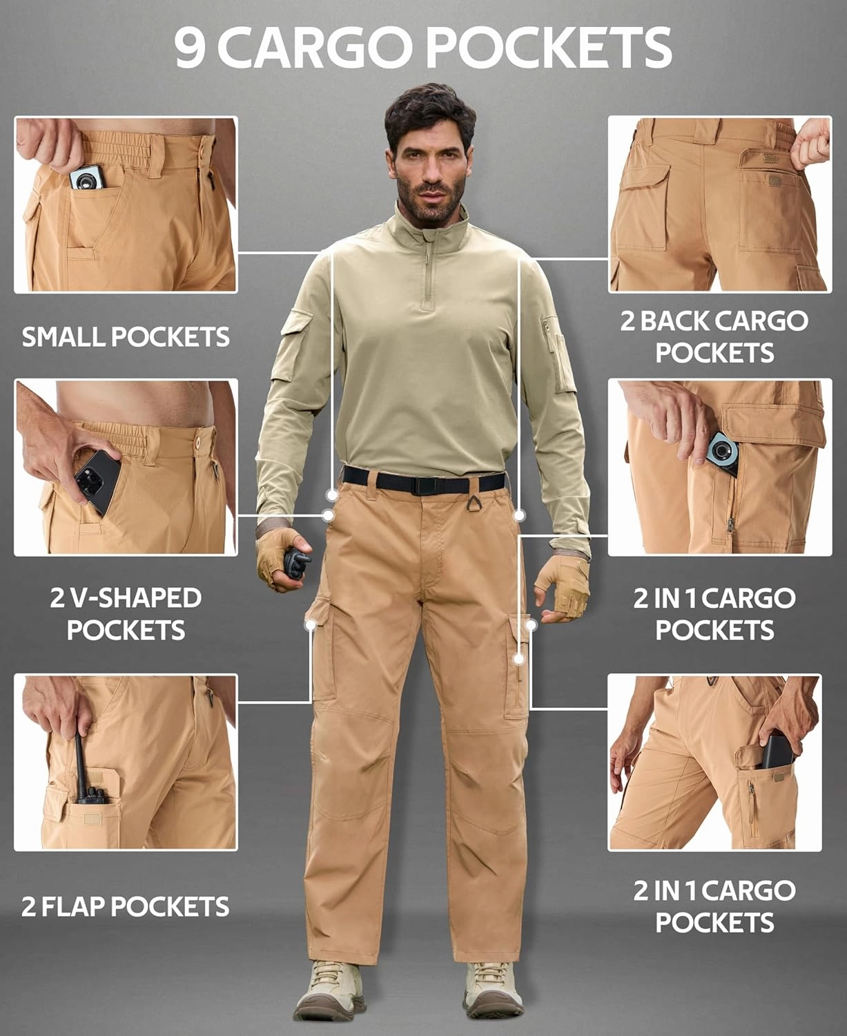 MOURCE Ripstop Tactical Pants for Men Stretch Breathable - Lightweight Quick Dry Mens Hiking Pants with 9 Pockets